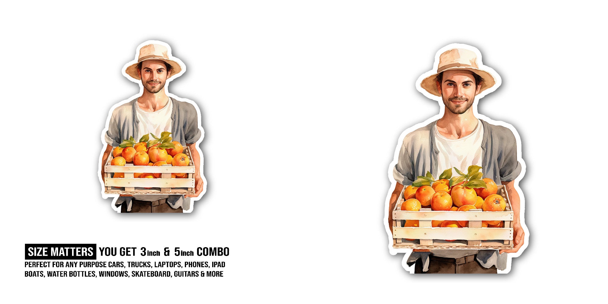 Man holding a crate of oranges Sticker, Waterproof Vinyl Decal Sticker Indoor Or Outdoor 2 (Pieces) 3" and 5"