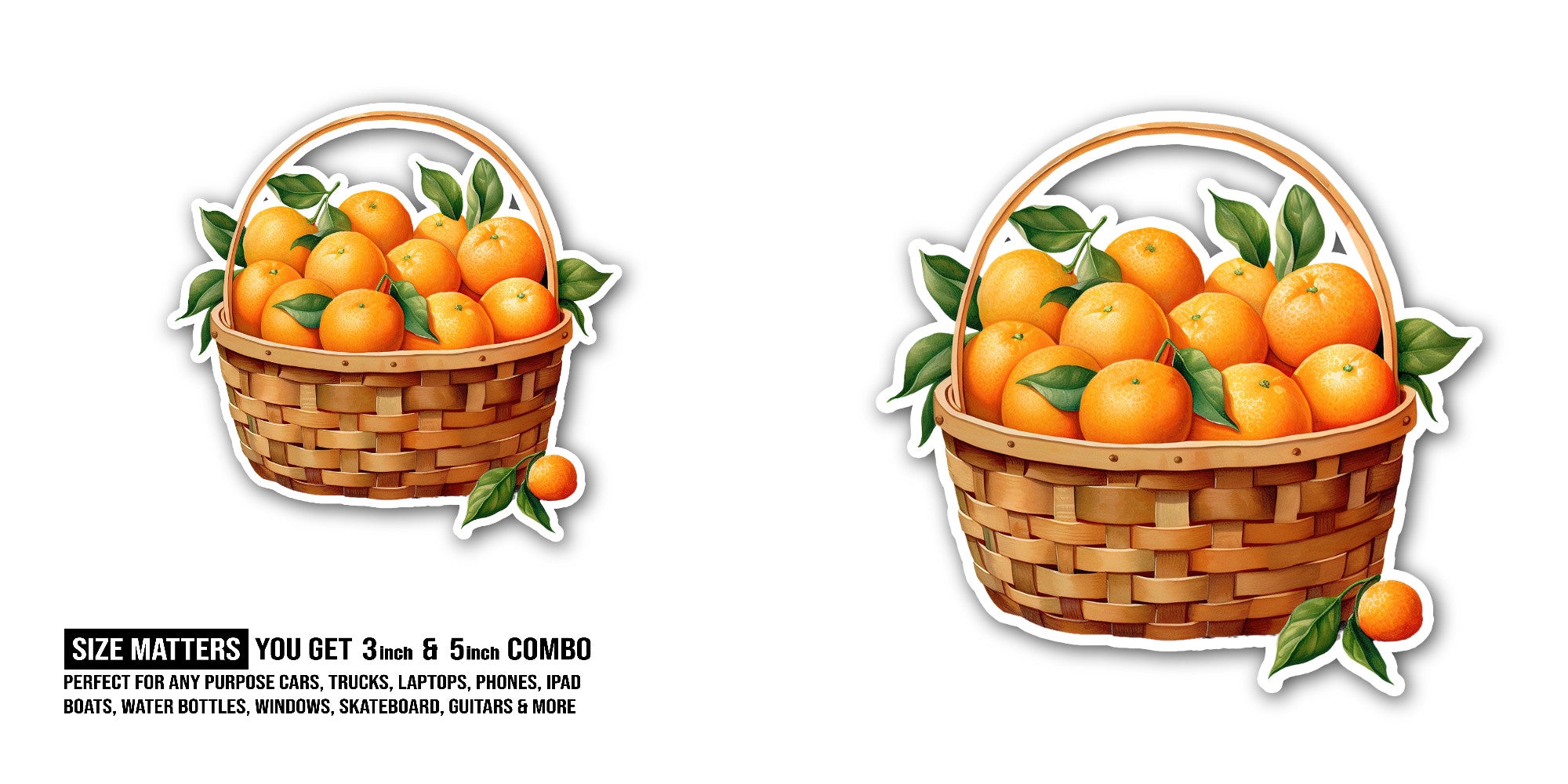 Basket of orange Sticker, Waterproof Vinyl Decal Sticker Indoor Or Outdoor 2 (Pieces) 3" and 5"