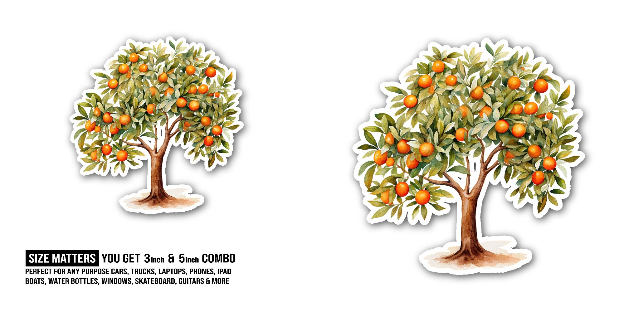 Orange Tree Sticker, Waterproof Vinyl Decal Sticker Indoor Or Outdoor 2 (Pieces) 3" and 5"