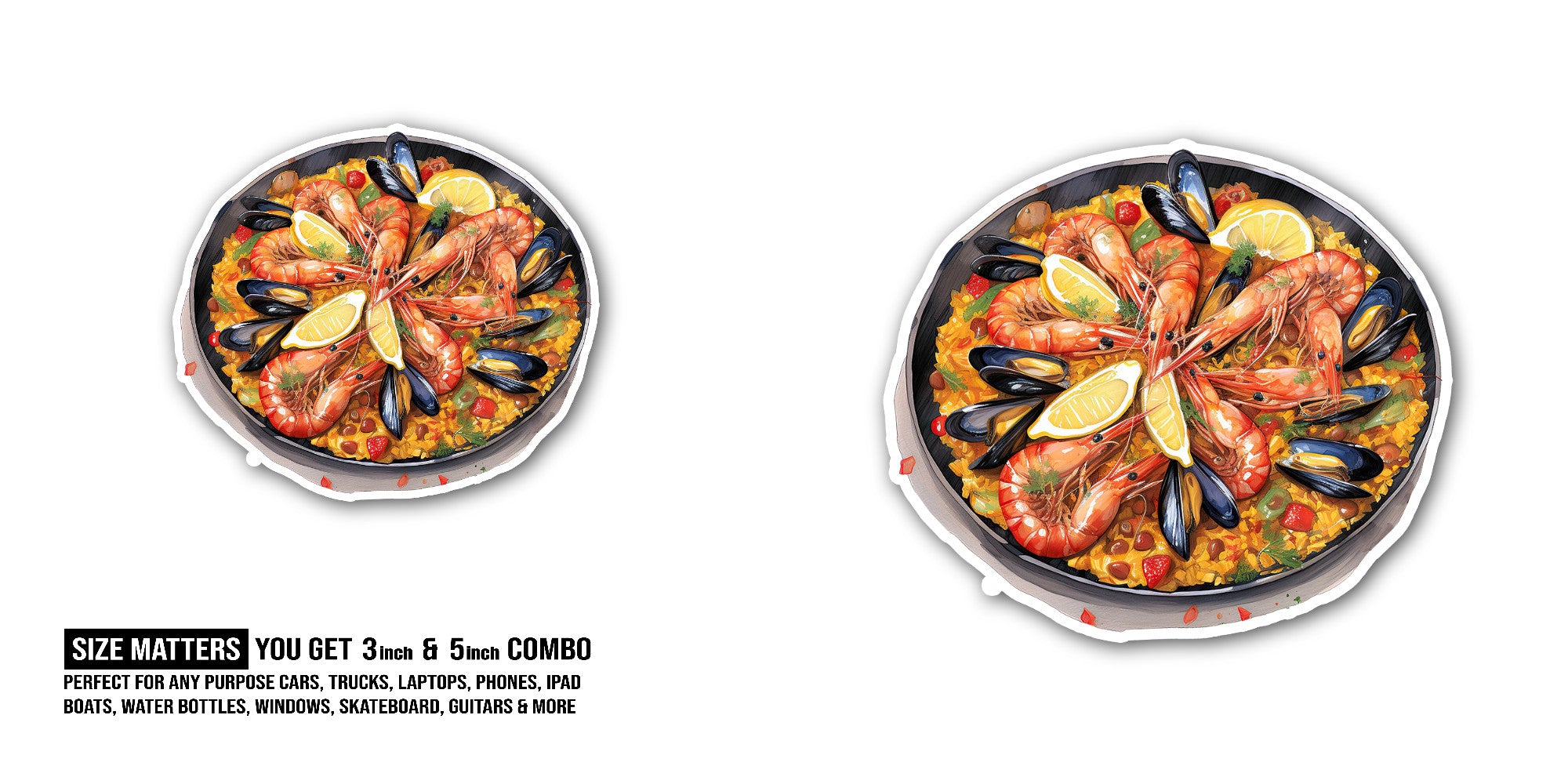 Seafood Paella Sticker, Waterproof Vinyl Decal Sticker Indoor Or Outdoor 2 (Pieces) 3" and 5"