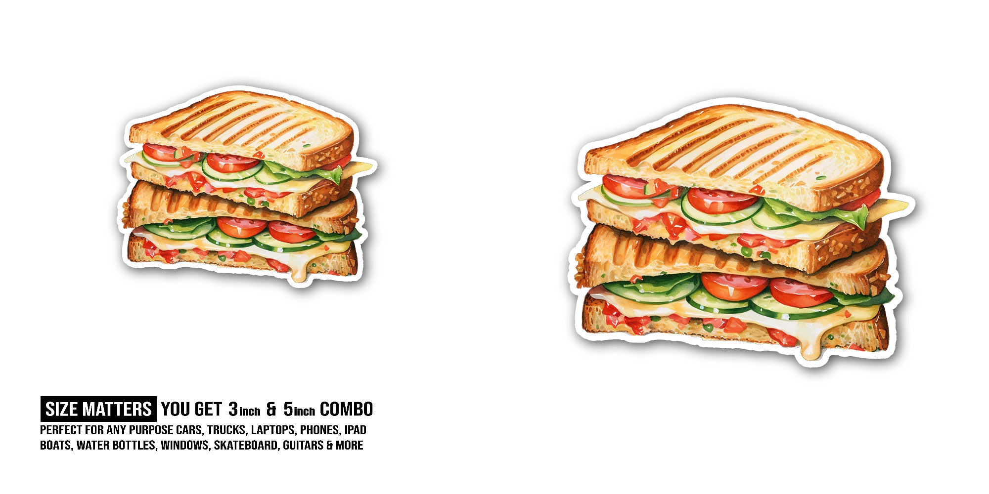 Grilled sandwic Sticker, Waterproof Vinyl Decal Sticker Indoor Or Outdoor 2 (Pieces) 3" and 5"