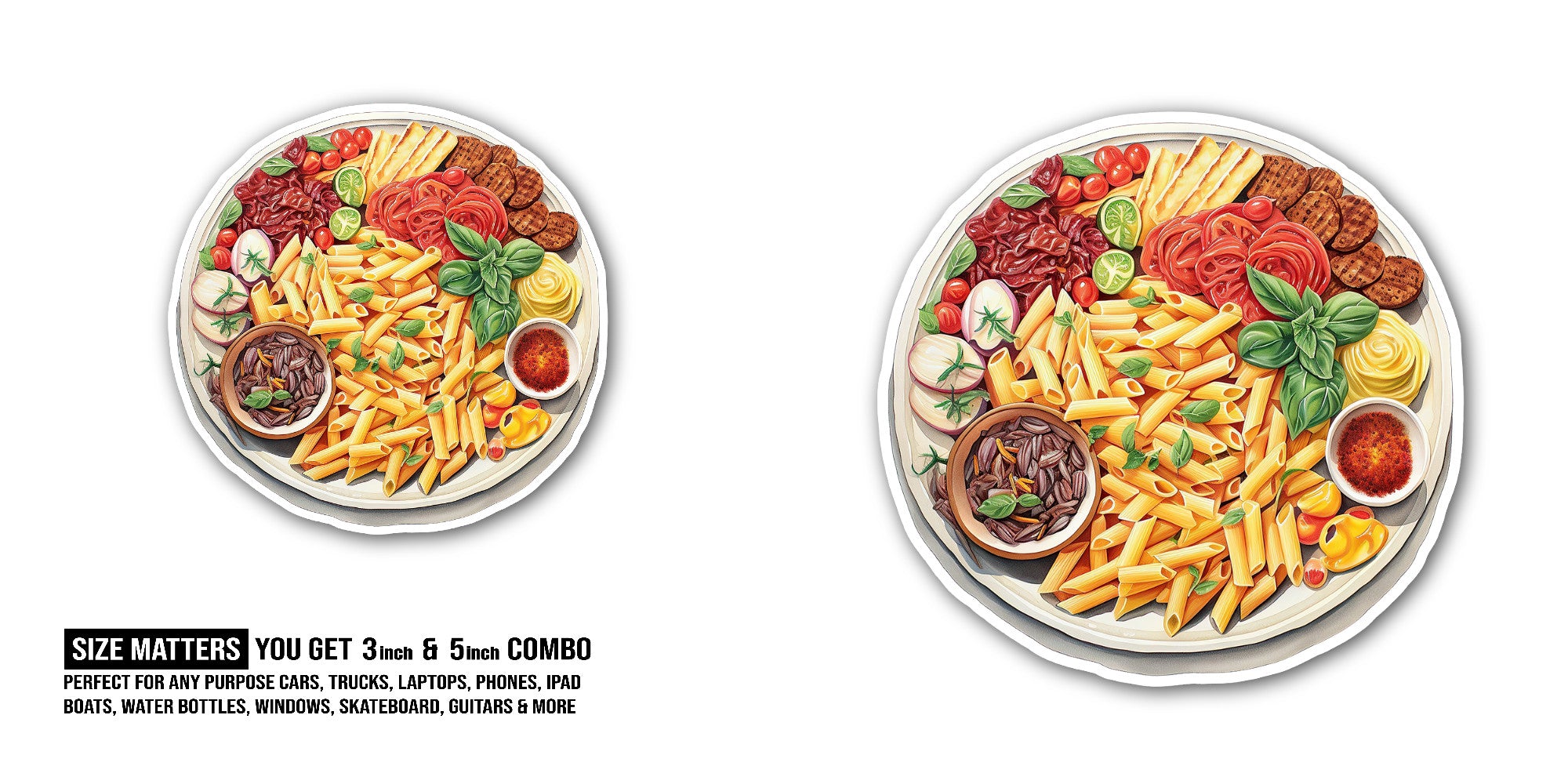 Pasta salad Sticker, Waterproof Vinyl Decal Sticker Indoor Or Outdoor 2 (Pieces) 3" and 5"