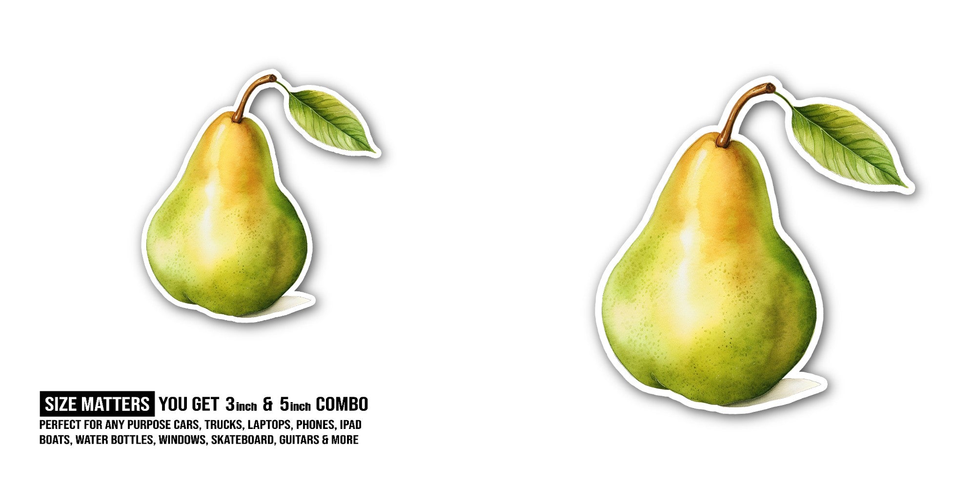 Pear with a leaf Sticker, Waterproof Vinyl Decal Sticker Indoor Or Outdoor 2 (Pieces) 3" and 5"