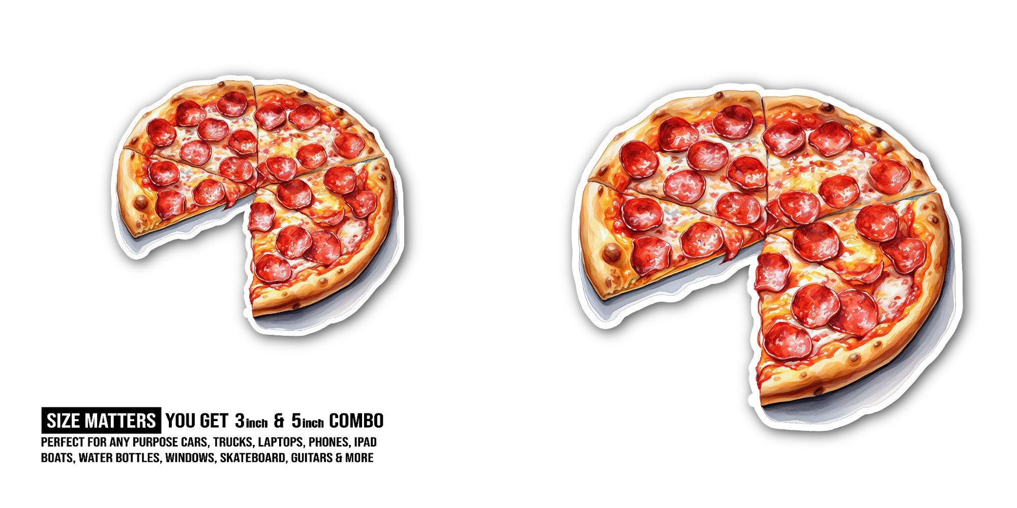 Pepperoni pizza Sticker, Waterproof Vinyl Decal Sticker Indoor Or Outdoor 2 (Pieces) 3" and 5"