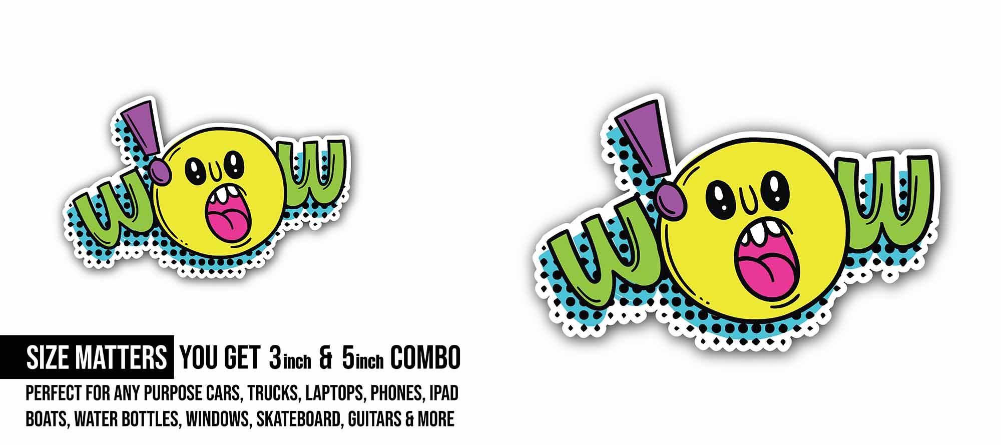 Wow Emoji Sticker, Waterproof Vinyl Decal Sticker Indoor Or Outdoor 2 (Pieces) 3" and 5"