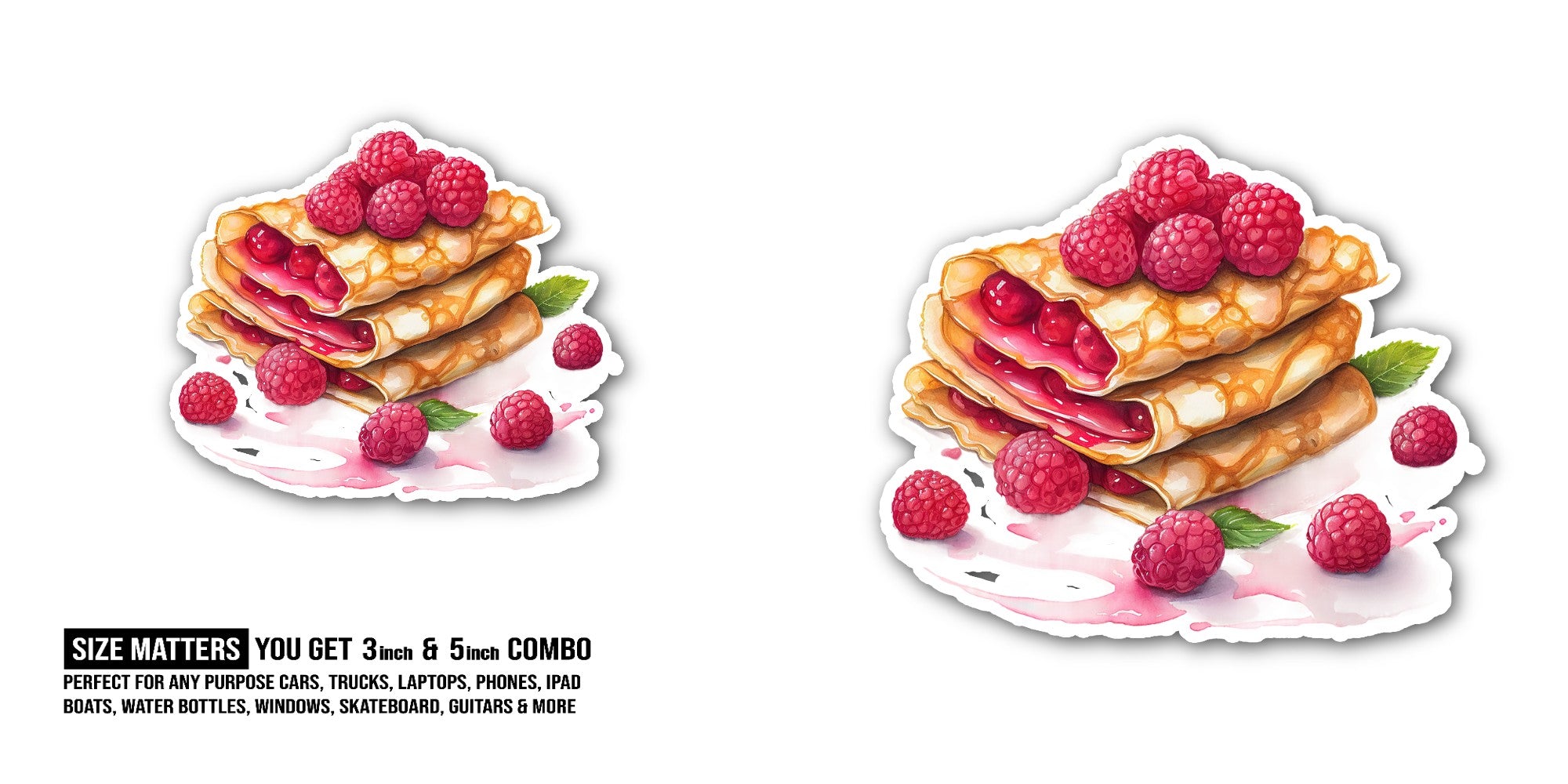 Raspberry pancakes Sticker, Waterproof Vinyl Decal Sticker Indoor Or Outdoor 2 (Pieces) 3" and 5"