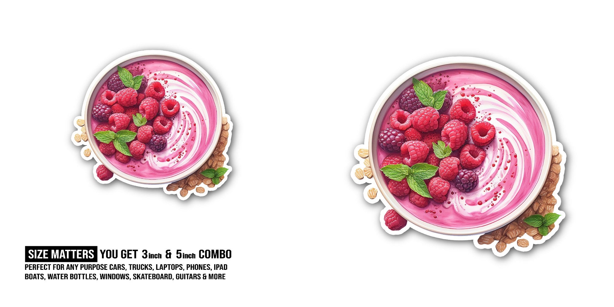 Raspberry smoothie bowl Sticker, Waterproof Vinyl Decal Sticker Indoor Or Outdoor 2 (Pieces) 3" and 5"