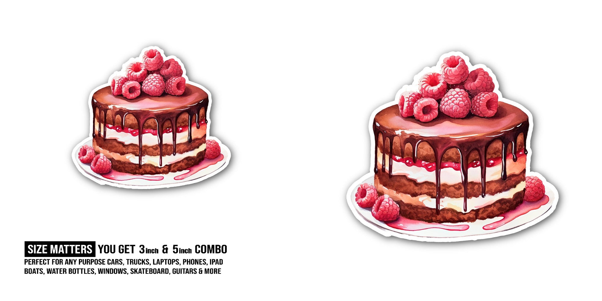 Raspberry Fruit Cake Sticker, Waterproof Vinyl Decal Sticker Indoor Or Outdoor 2 (Pieces) 3" and 5"