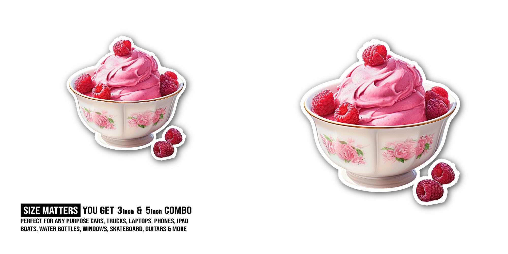 Yummy raspberry ice cream Sticker, Waterproof Vinyl Decal Sticker Indoor Or Outdoor 2 (Pieces) 3" and 5"