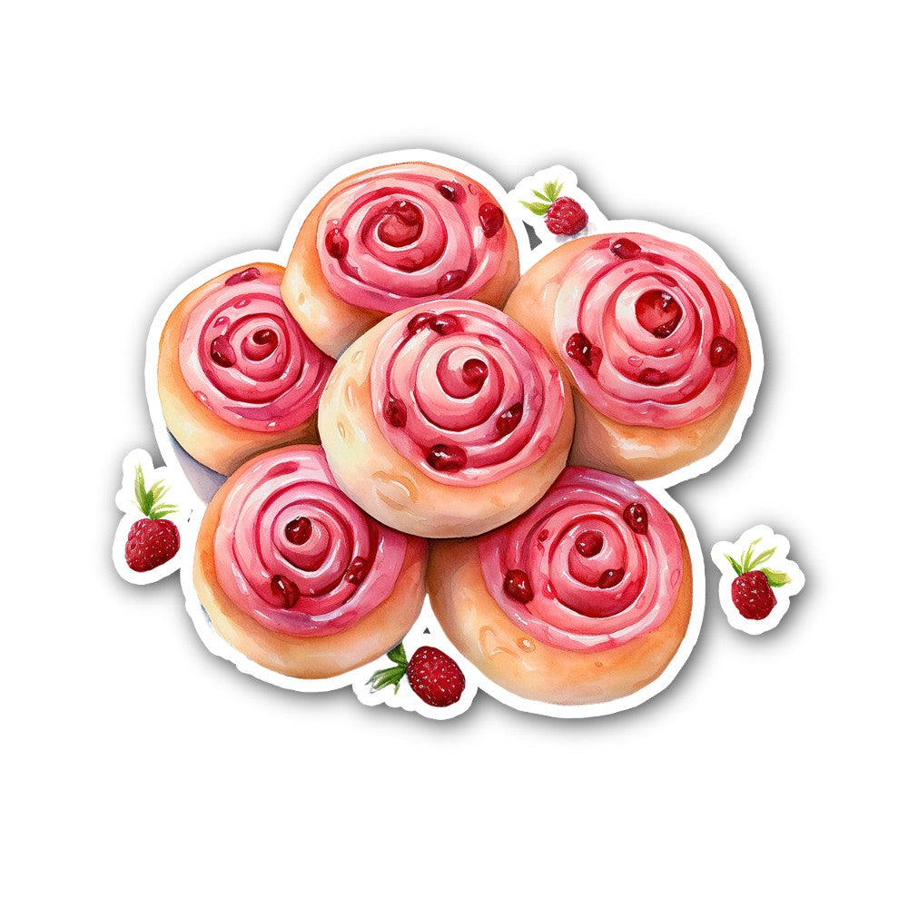 Yummy Strawberry Cinnamon Rolls Sticker, Waterproof Vinyl Decal Sticker Indoor Or Outdoor 2 (Pieces) 3" and 5"