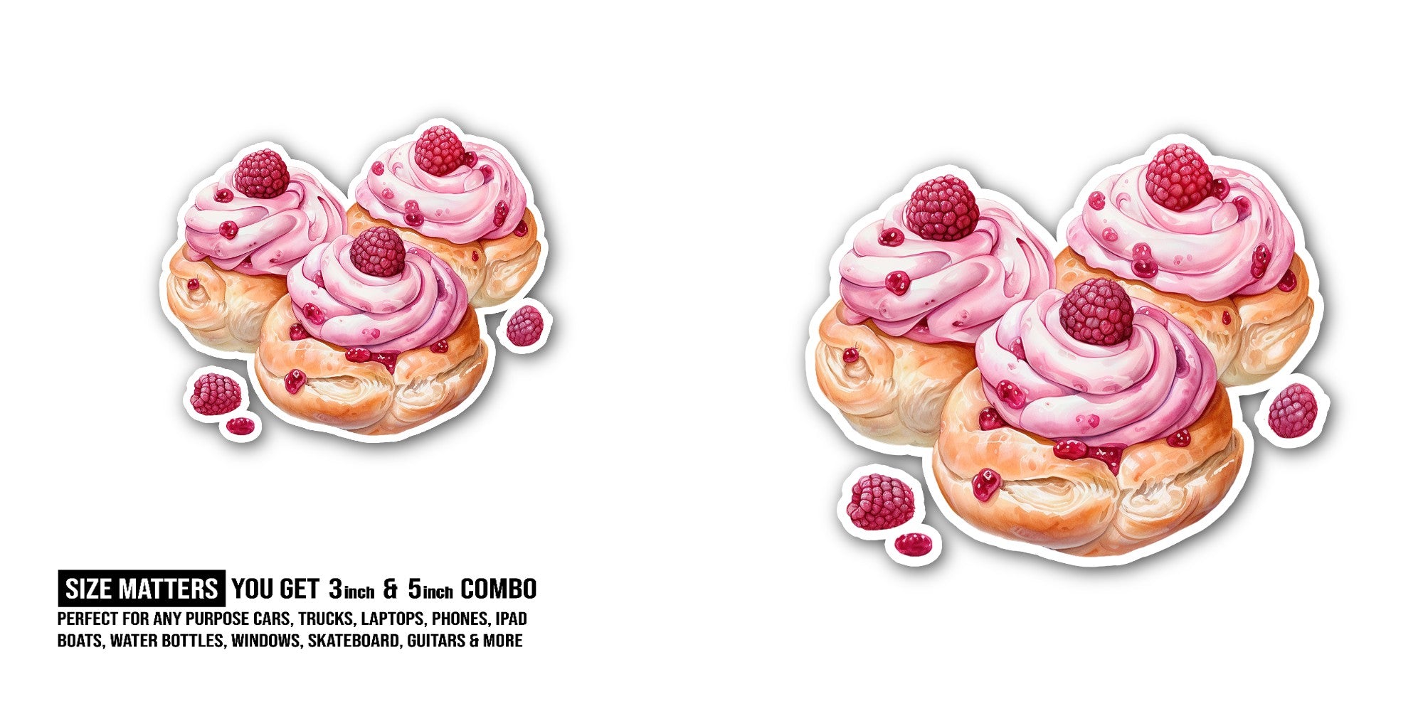 Yummy Raspberry Cream With Pastry Sticker, Waterproof Vinyl Decal Sticker Indoor Or Outdoor 2 (Pieces) 3" and 5"