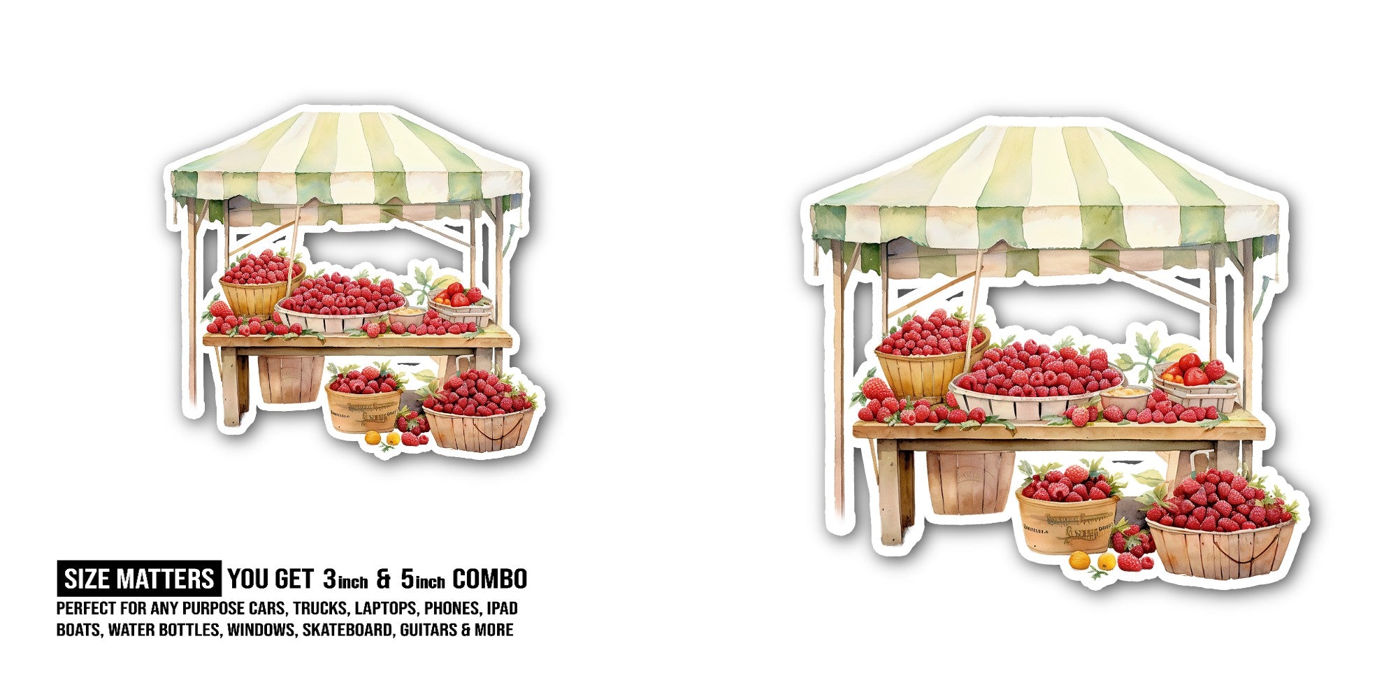 Raspberry Cute Market Sticker, Waterproof Vinyl Decal Sticker Indoor Or Outdoor 2 (Pieces) 3" and 5"