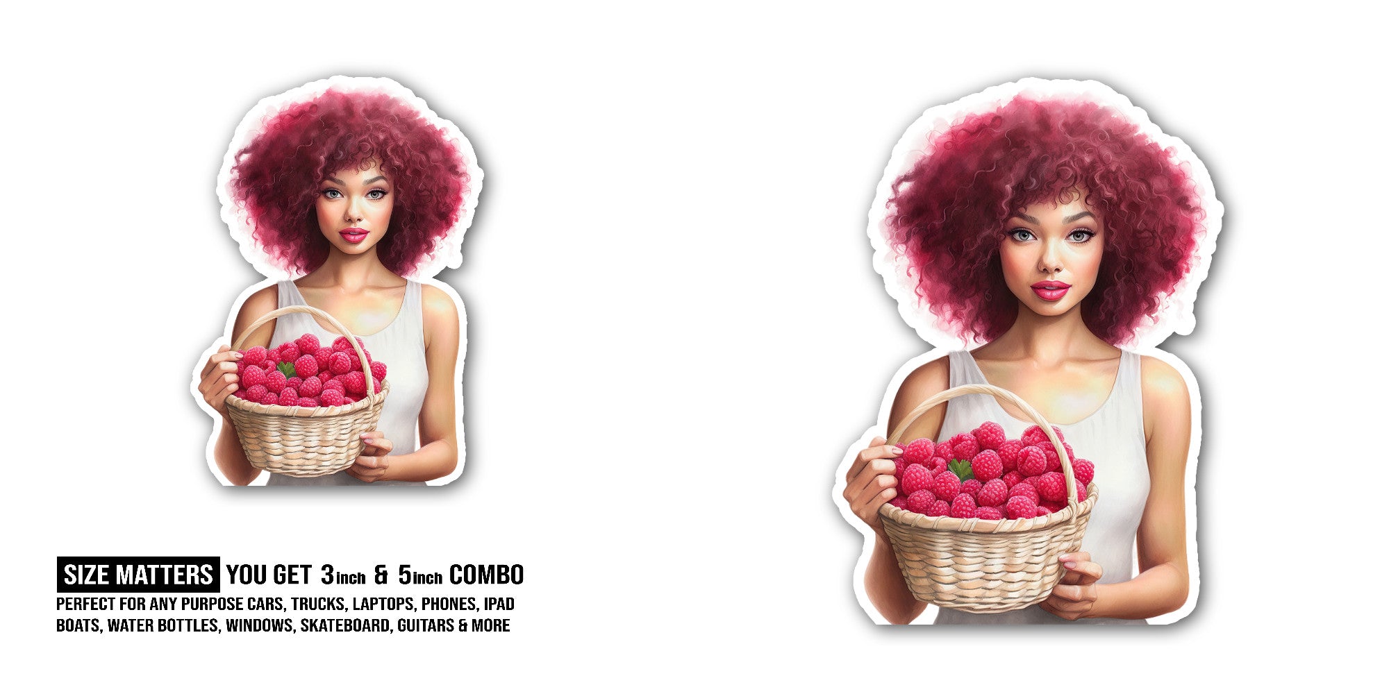 Raspberry Basket With Cute Girl Sticker, Waterproof Vinyl Decal Sticker Indoor Or Outdoor 2 (Pieces) 3" and 5"