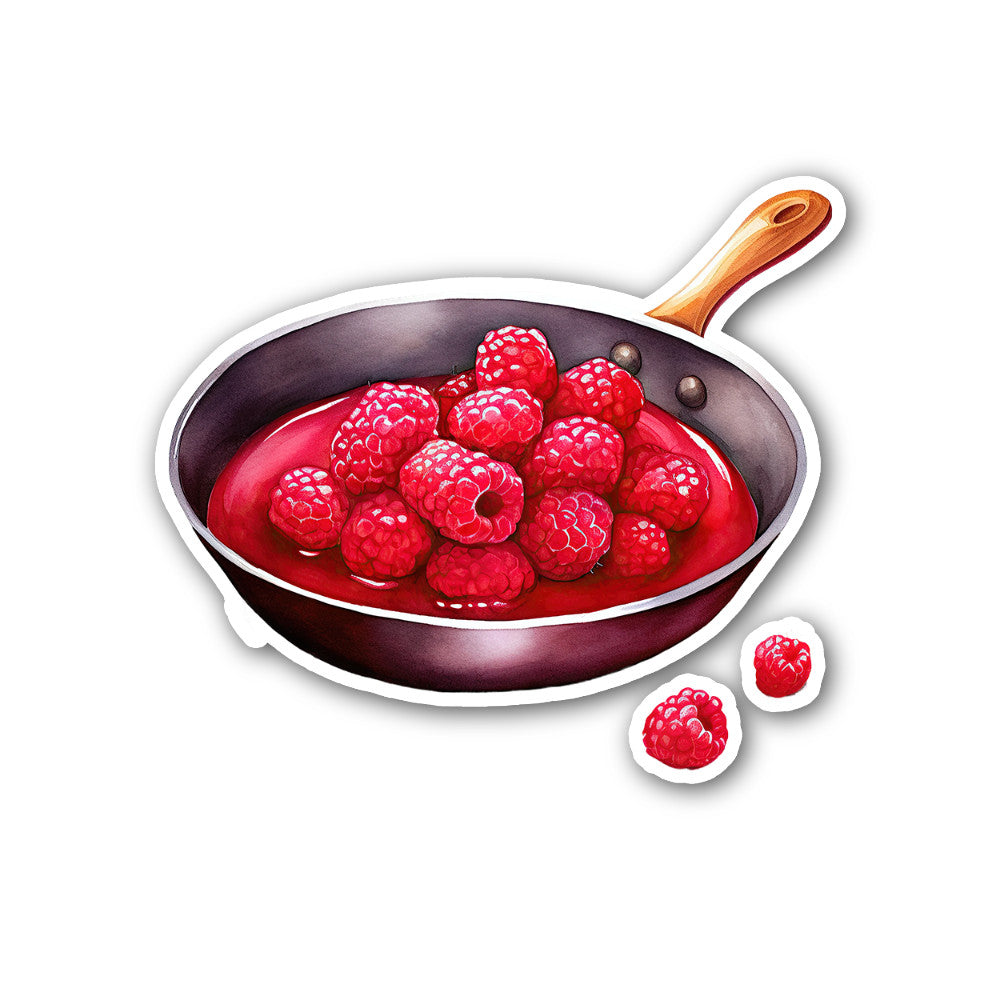 Yummy Raspberries With Pan Sticker, Waterproof Vinyl Decal Sticker Indoor Or Outdoor 2 (Pieces) 3" and 5"