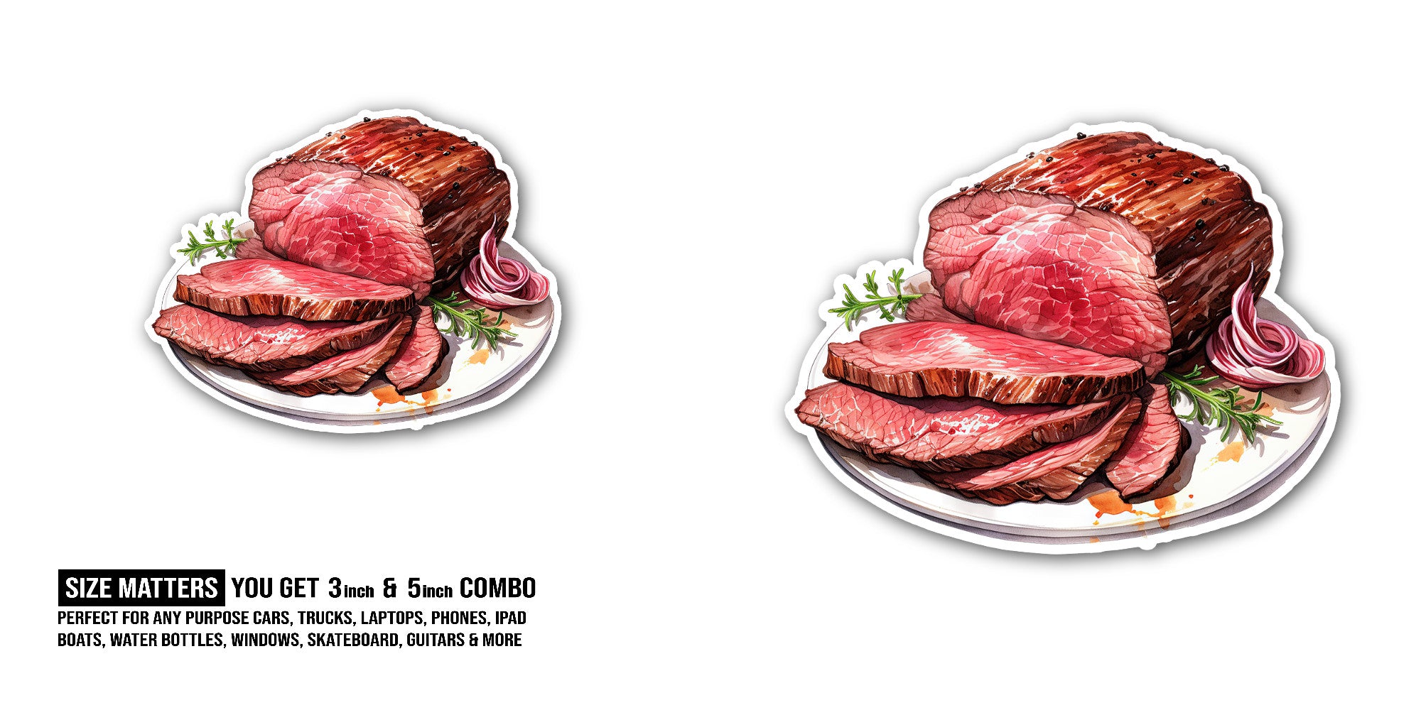 Tasty Roast Beef Plate Sticker, Waterproof Vinyl Decal Sticker Indoor Or Outdoor 2 (Pieces) 3" and 5"