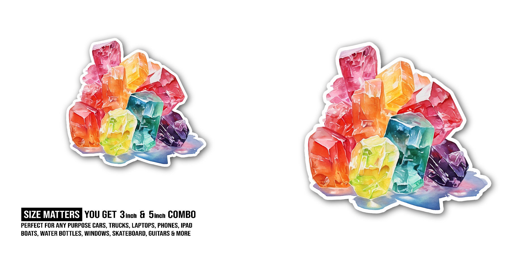 colorful jelly cubes Sticker, Waterproof Vinyl Decal Sticker Indoor Or Outdoor 2 (Pieces) 3" and 5"