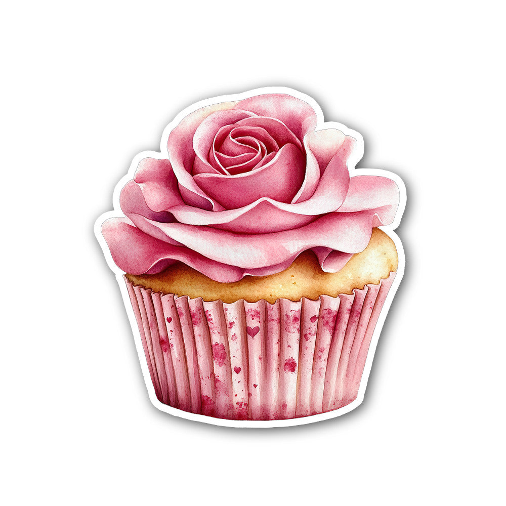 Cute Rose Cupcake Sticker, Waterproof Vinyl Decal Sticker Indoor Or Outdoor 2 (Pieces) 3" and 5"