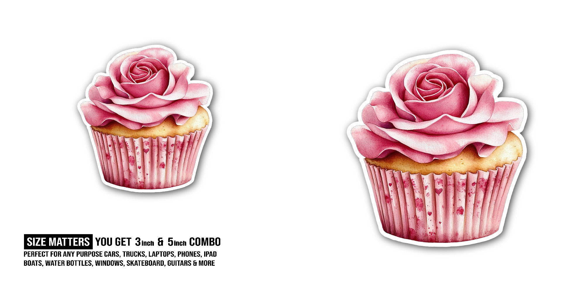 Cute Rose Cupcake Sticker, Waterproof Vinyl Decal Sticker Indoor Or Outdoor 2 (Pieces) 3" and 5"