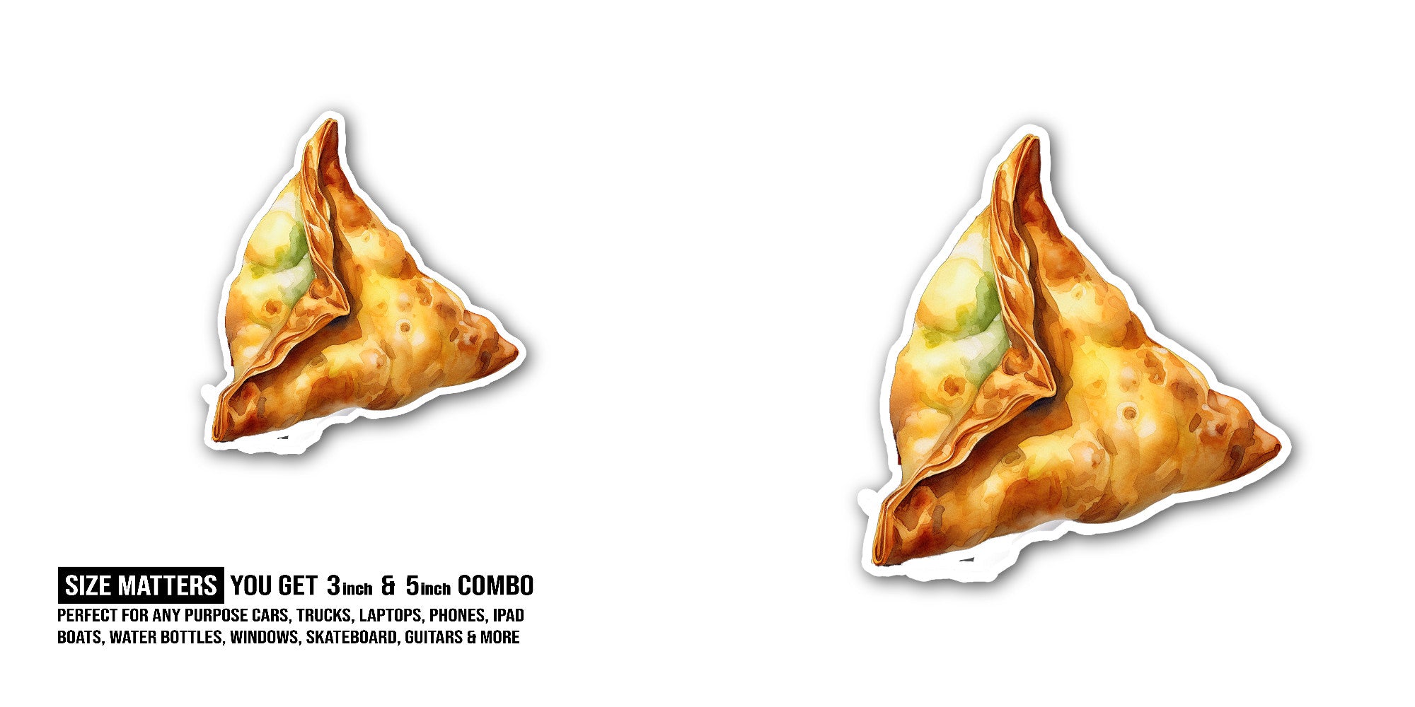 Tasty Samosa Food Sticker, Waterproof Vinyl Decal Sticker Indoor Or Outdoor 2 (Pieces) 3" and 5"