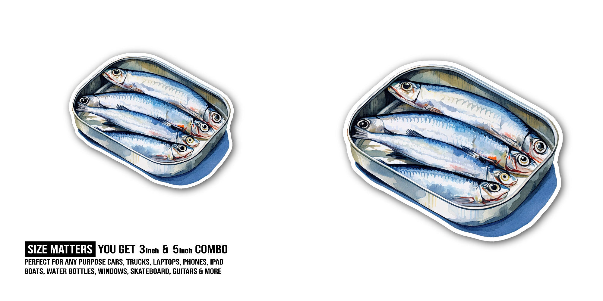 Fresh Sardines fish Sticker, Waterproof Vinyl Decal Sticker Indoor Or Outdoor 2 (Pieces) 3" and 5"