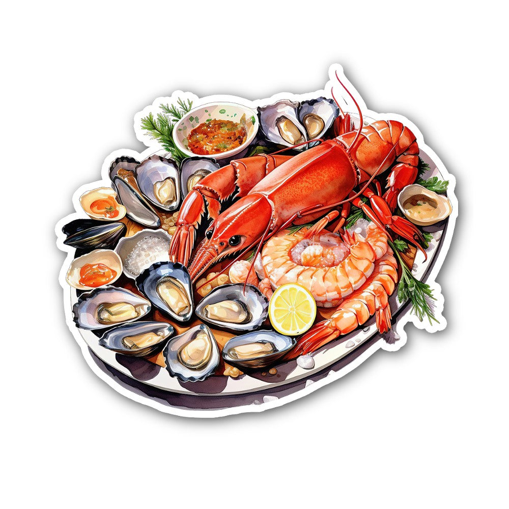Tasty Seafood Platter Sticker, Waterproof Vinyl Decal Sticker Indoor Or Outdoor 2 (Pieces) 3" and 5"