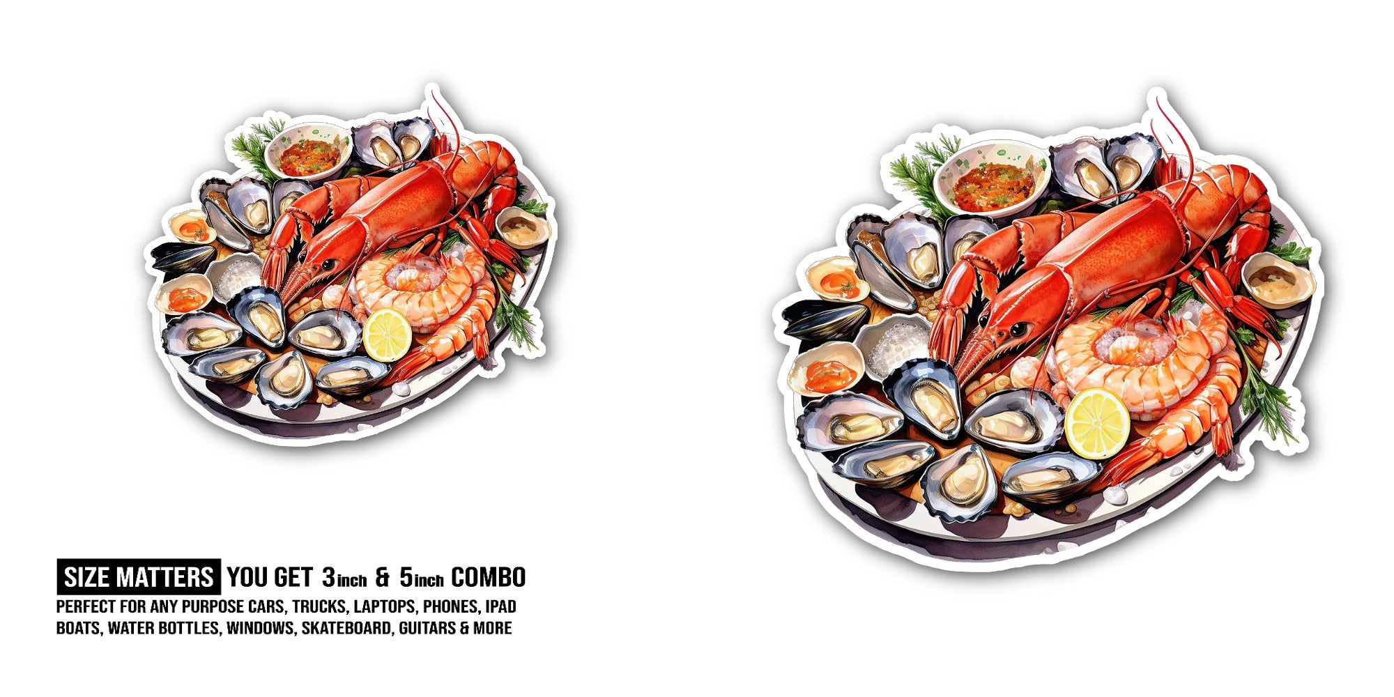 Tasty Seafood Platter Sticker, Waterproof Vinyl Decal Sticker Indoor Or Outdoor 2 (Pieces) 3" and 5"