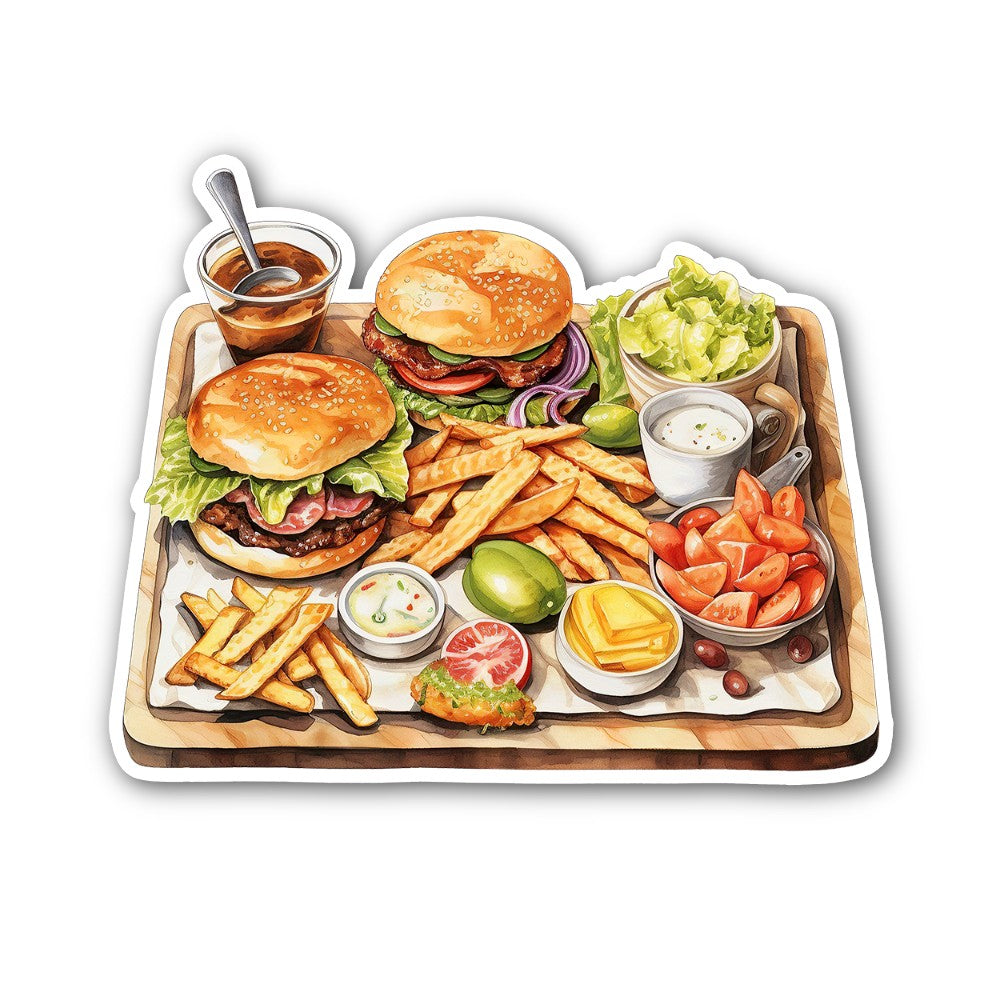 Tasty Burger and Fries Plate Sticker, Waterproof Vinyl Decal Sticker Indoor Or Outdoor 2 (Pieces) 3" and 5"