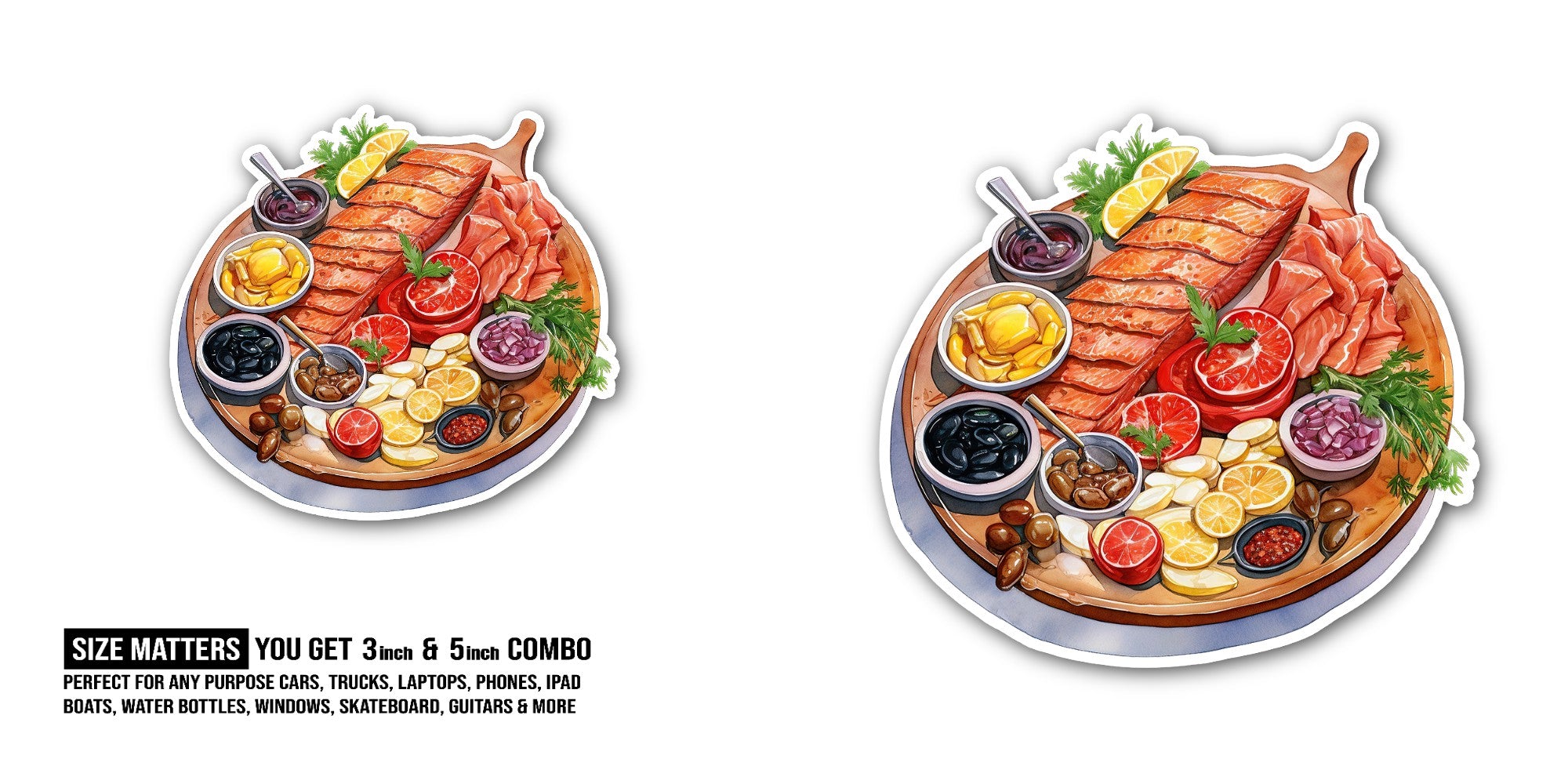 Tasty Grilled Meat Snack Platter Sticker, Waterproof Vinyl Decal Sticker Indoor Or Outdoor 2 (Pieces) 3" and 5"