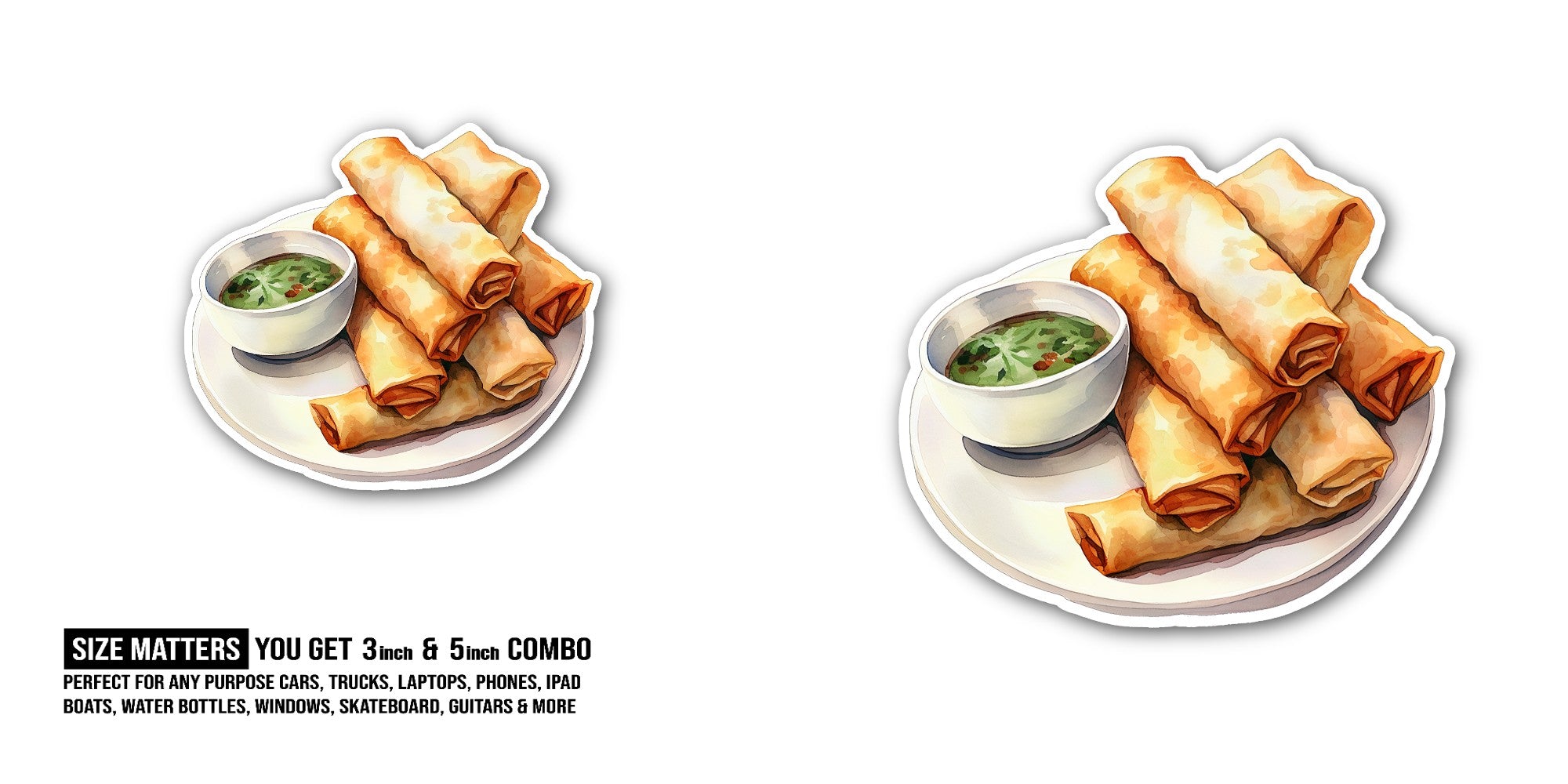 Yummy Egg Roll Plate  Sticker, Waterproof Vinyl Decal Sticker Indoor Or Outdoor 2 (Pieces) 3" and 5"