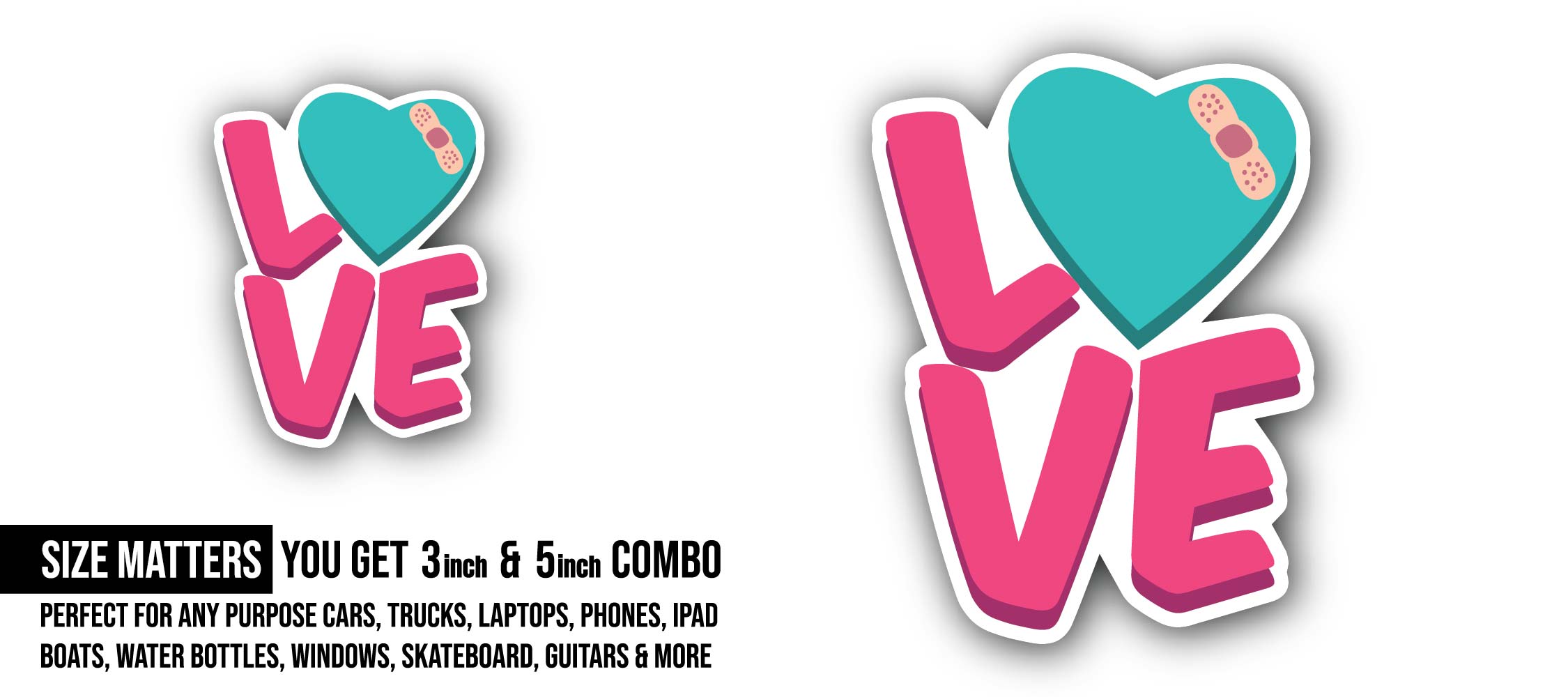 Heart Love Sticker, Waterproof Vinyl Decal Sticker Indoor Or Outdoor 2 (Pieces) 3" and 5"