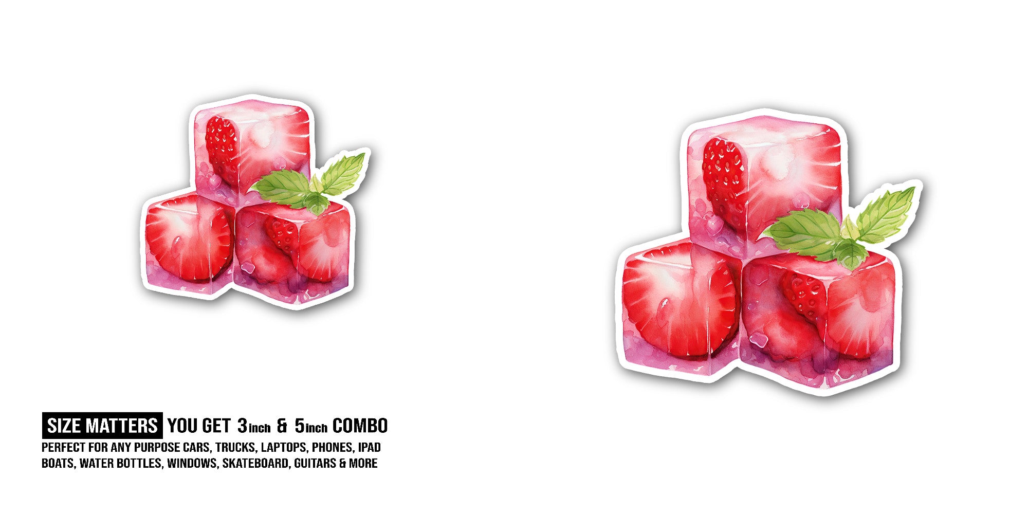 Strawberry ice cube Sticker, Waterproof Vinyl Decal Sticker Indoor Or Outdoor 2 (Pieces) 3" and 5"