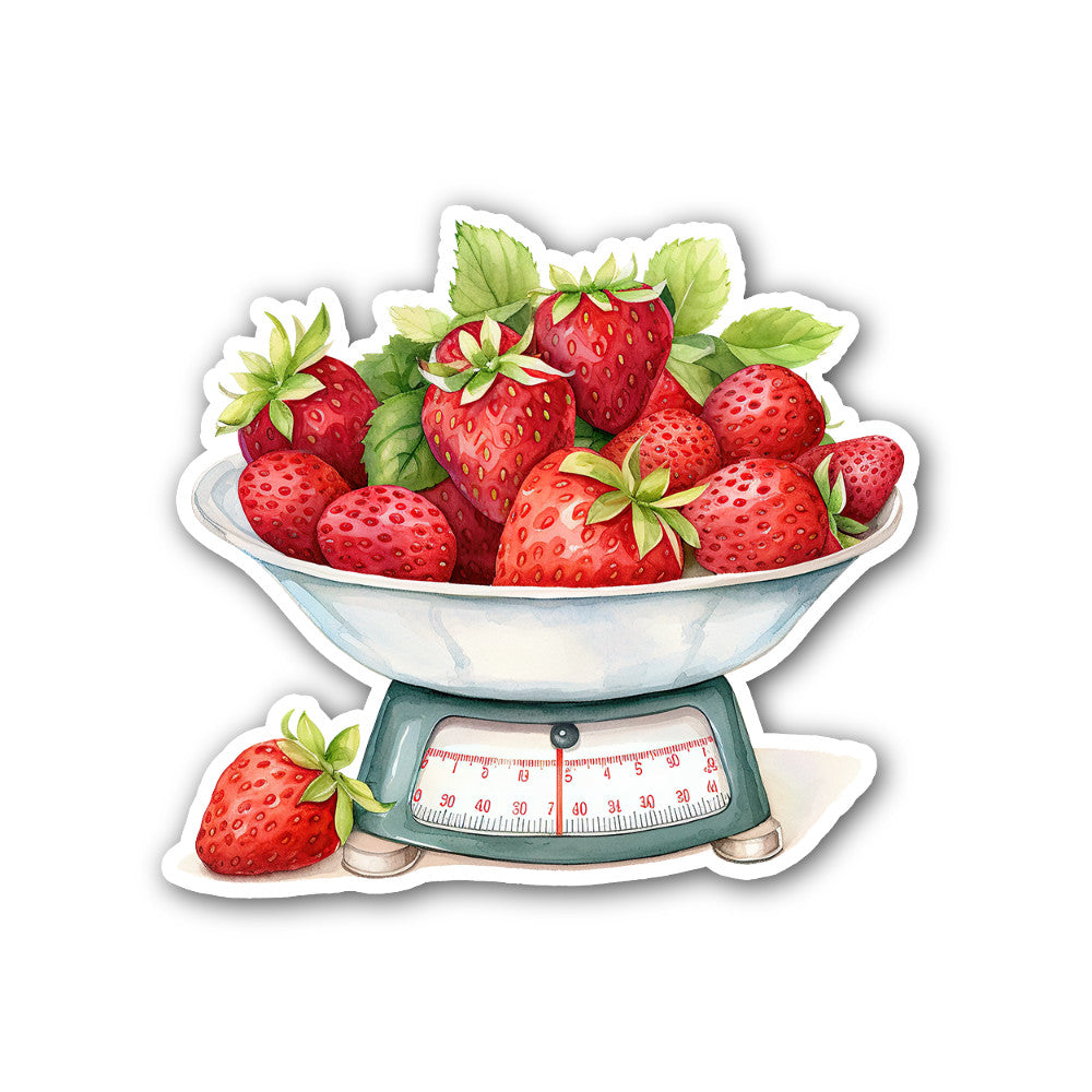 Strawberries on a Scale Sticker, Waterproof Vinyl Decal Sticker Indoor Or Outdoor 2 (Pieces) 3" and 5"