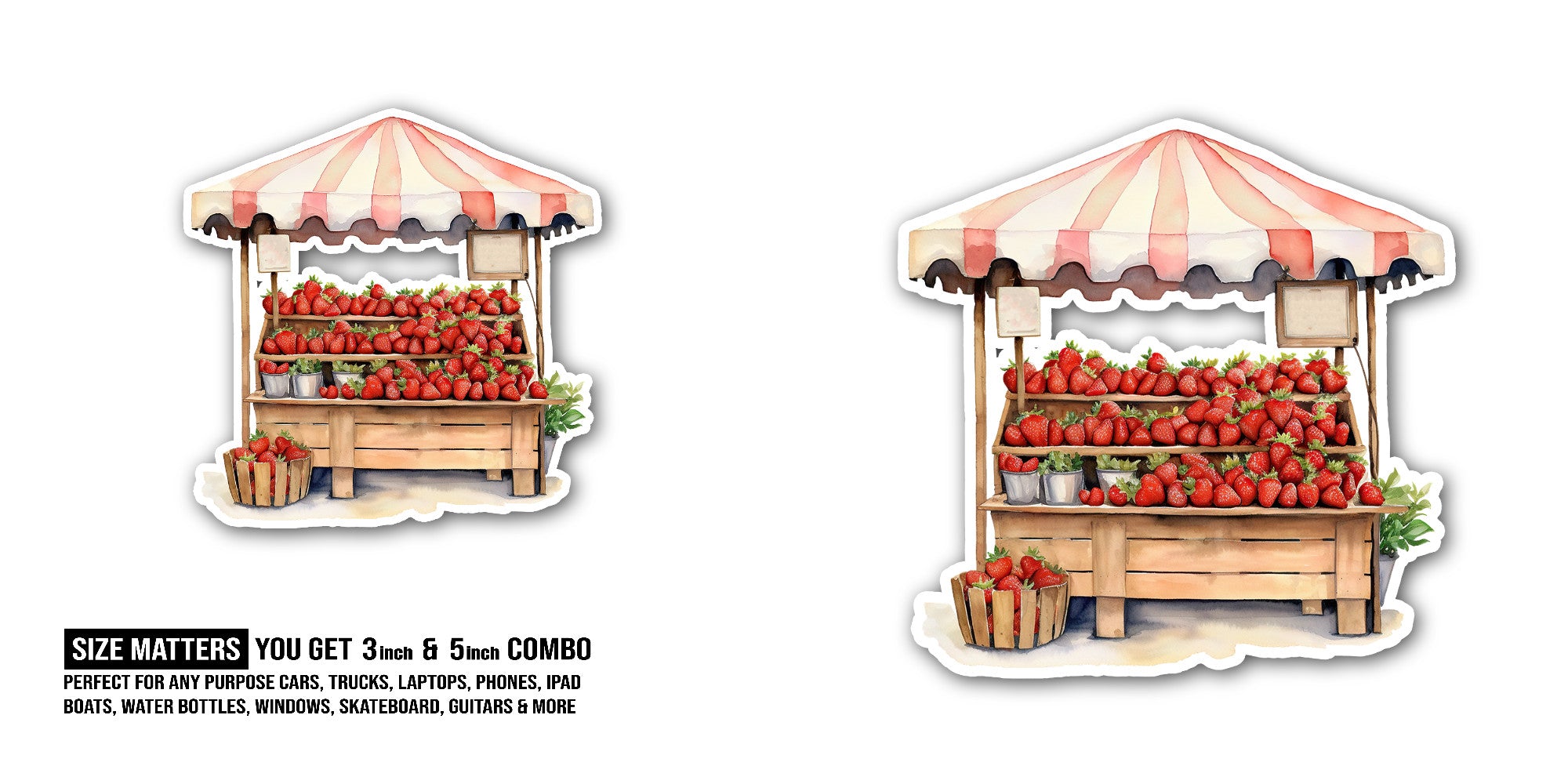 Strawberry stall Sticker, Waterproof Vinyl Decal Sticker Indoor Or Outdoor 2 (Pieces) 3" and 5"