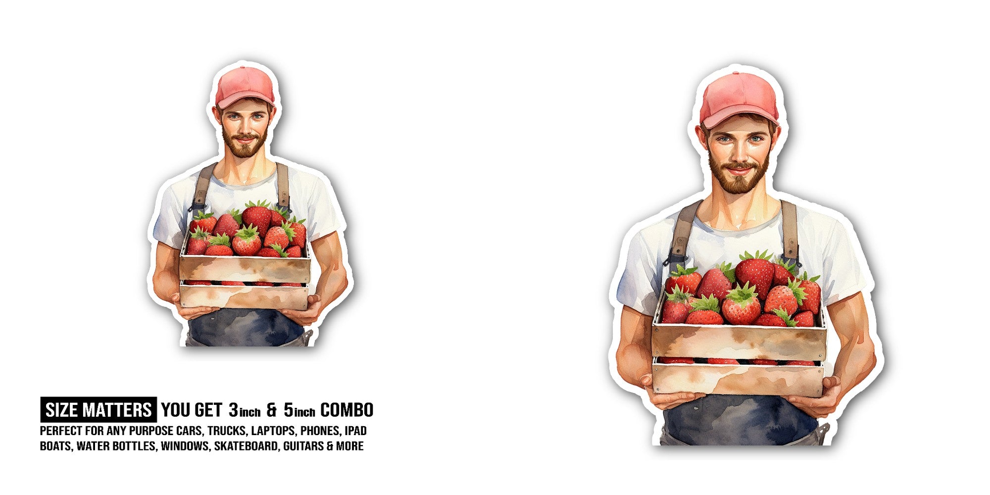 Strawberry Farmer Sticker, Waterproof Vinyl Decal Sticker Indoor Or Outdoor 2 (Pieces) 3" and 5"