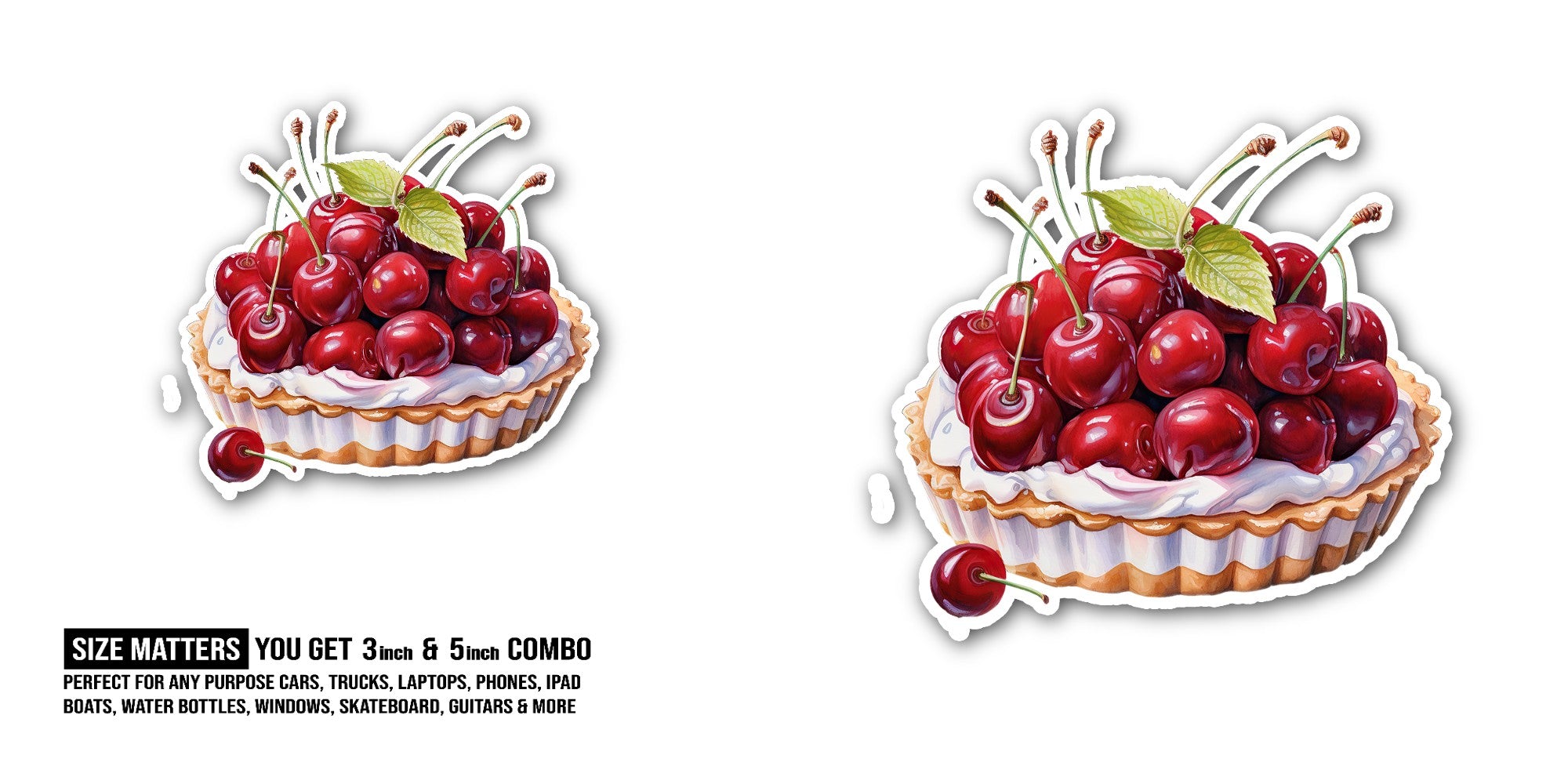 Cherry Tart Sticker, Waterproof Vinyl Decal Sticker Indoor Or Outdoor 2 (Pieces) 3" and 5"
