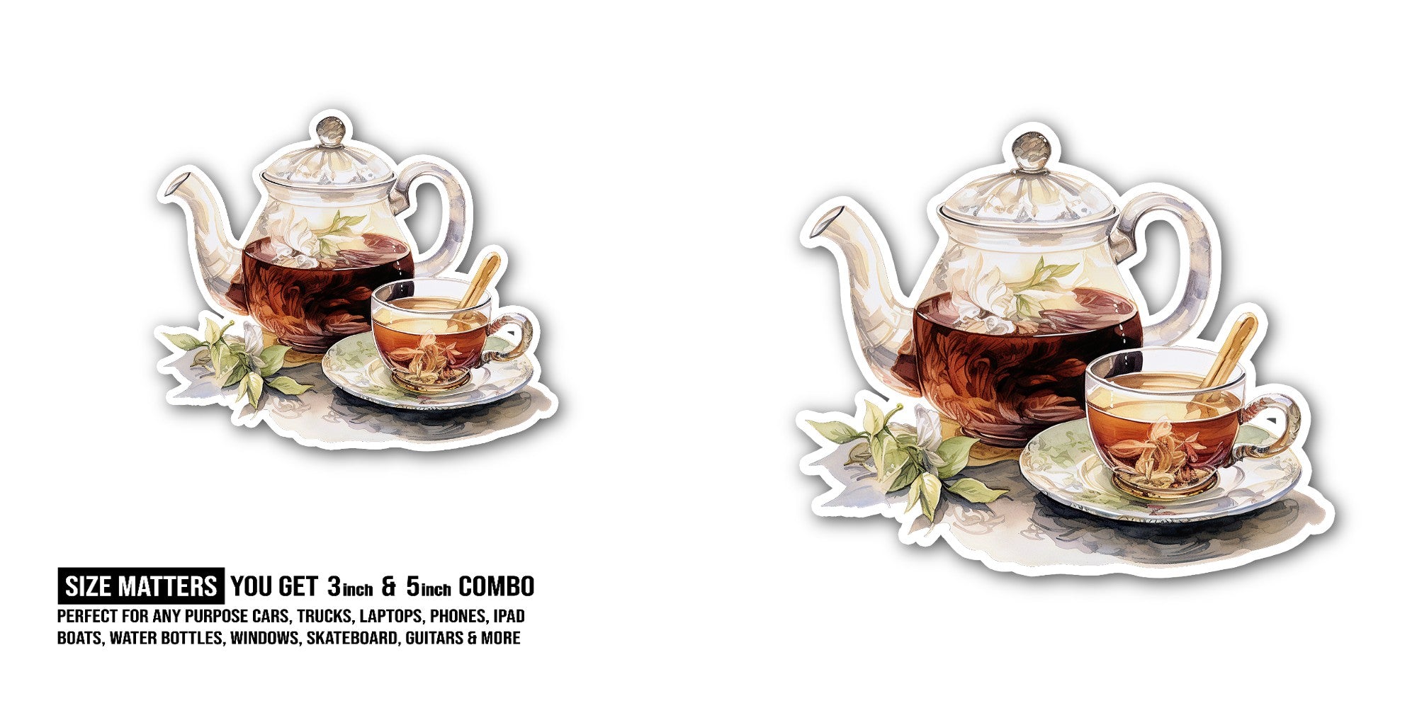 Teapot & Cup Sticker, Waterproof Vinyl Decal Sticker Indoor Or Outdoor 2 (Pieces) 3" and 5"