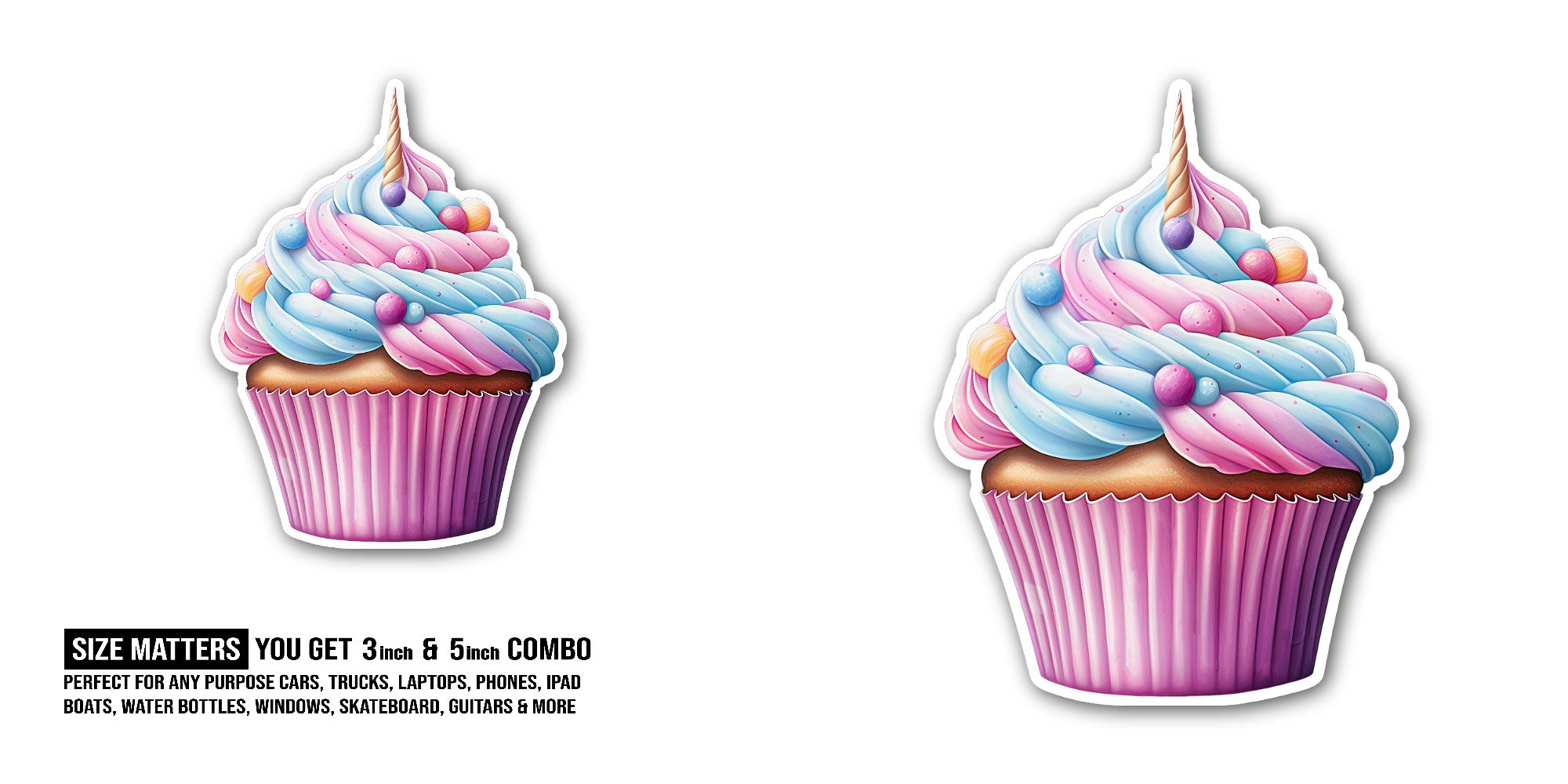 Colorful cup cake Sticker, Waterproof Vinyl Decal Sticker Indoor Or Outdoor 2 (Pieces) 3" and 5"