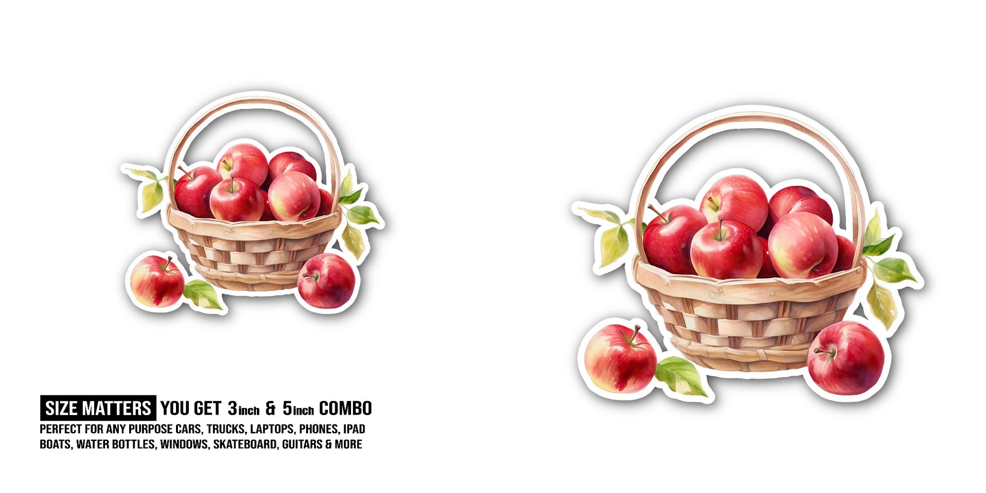 Basket filled with red apples Sticker, Waterproof Vinyl Decal Sticker Indoor Or Outdoor 2 (Pieces) 3" and 5"
