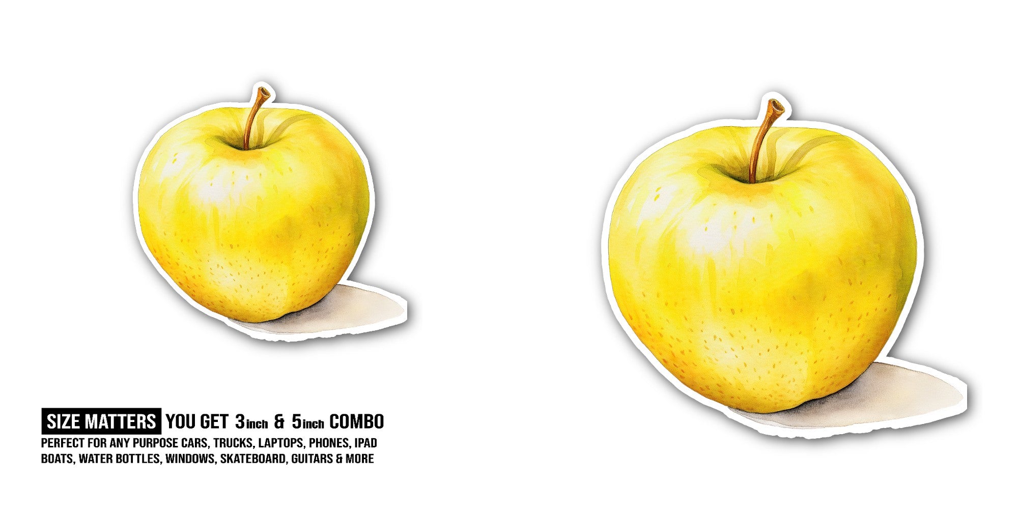 A yellow apple Sticker, Waterproof Vinyl Decal Sticker Indoor Or Outdoor 2 (Pieces) 3" and 5"
