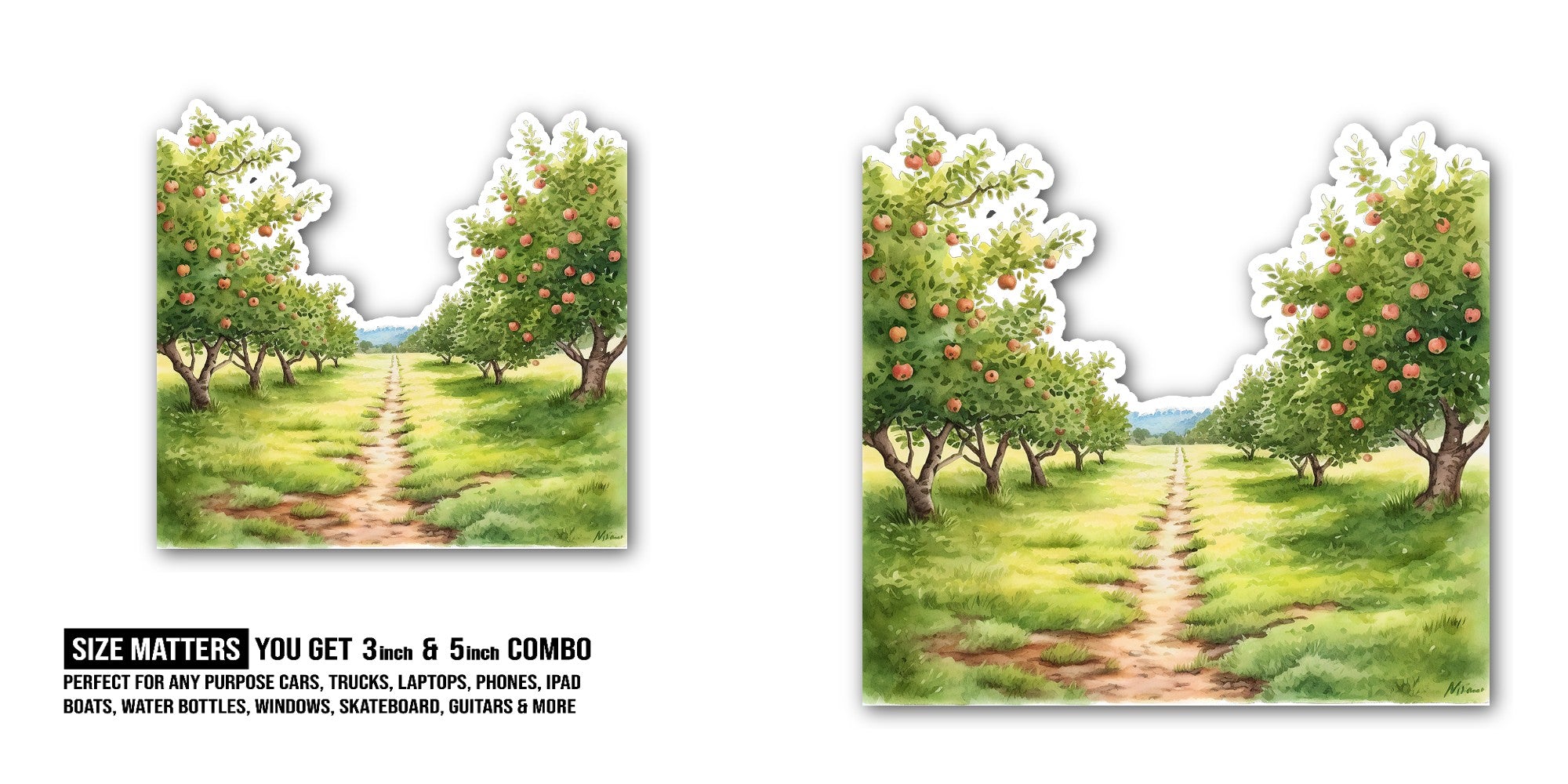 An apple orchard Sticker, Waterproof Vinyl Decal Sticker Indoor Or Outdoor 2 (Pieces) 3" and 5"