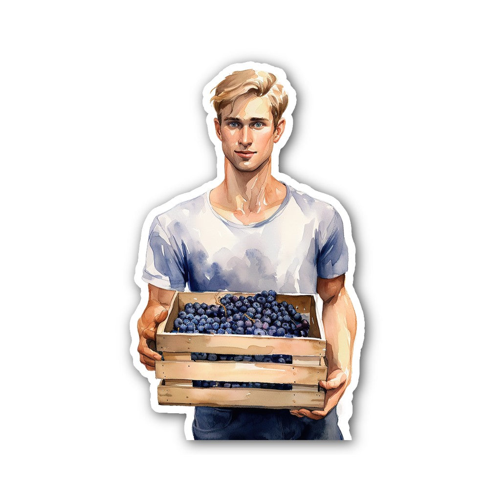 Man holding a crate filled Sticker, Waterproof Vinyl Decal Sticker Indoor Or Outdoor 2 (Pieces) 3" and 5"