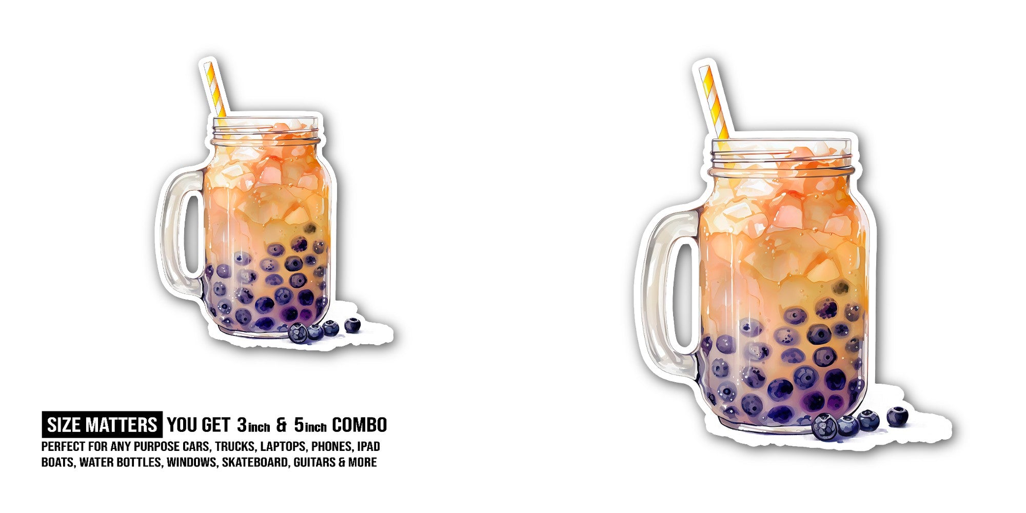 Cute Yummy Bubble Tea Sticker, Waterproof Vinyl Decal Sticker Indoor Or Outdoor 2 (Pieces) 3" and 5"