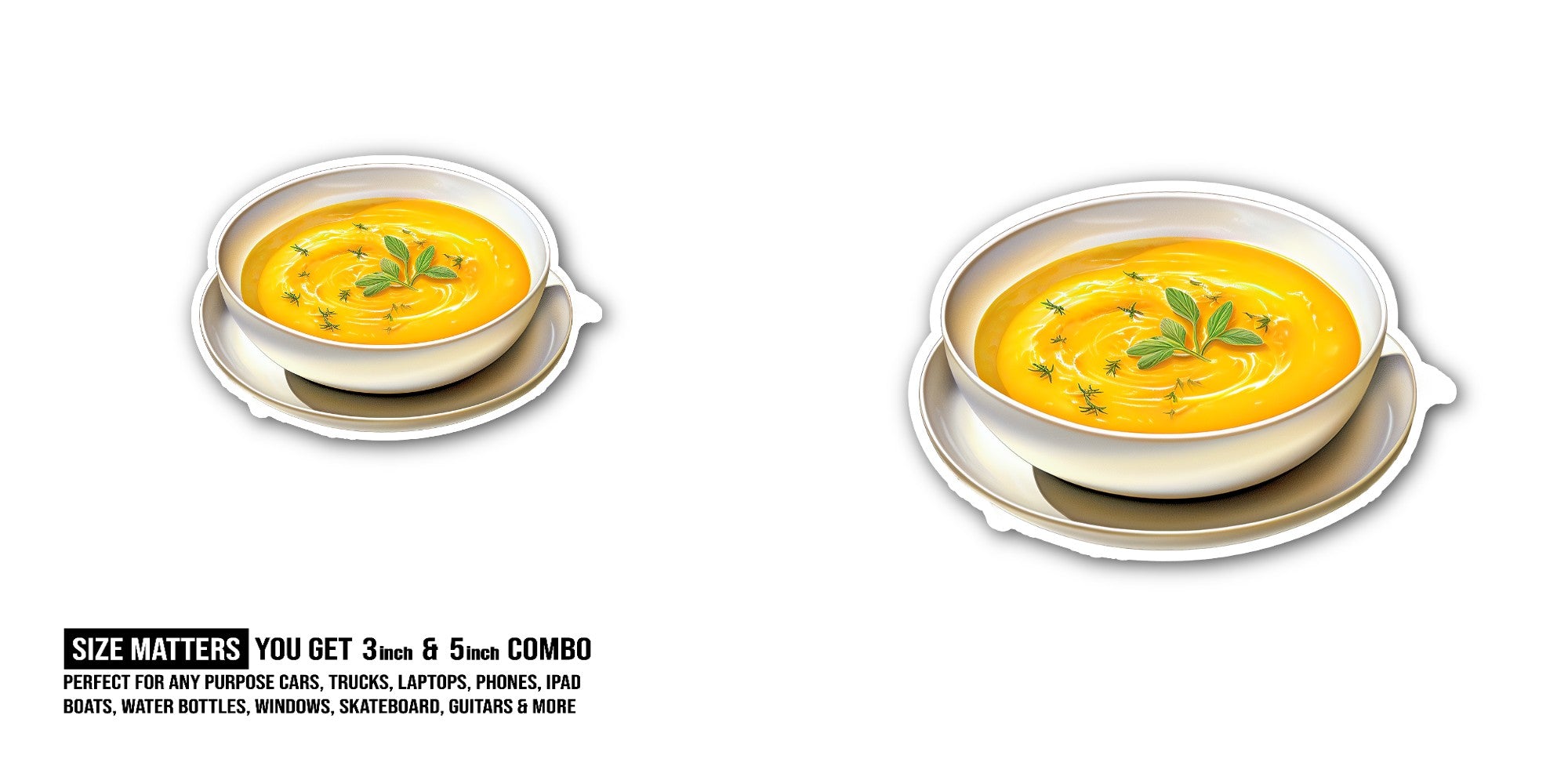 A Bowl Of Yummy Pumpkin Soup Sticker, Waterproof Vinyl Decal Sticker Indoor Or Outdoor 2 (Pieces) 3" and 5"