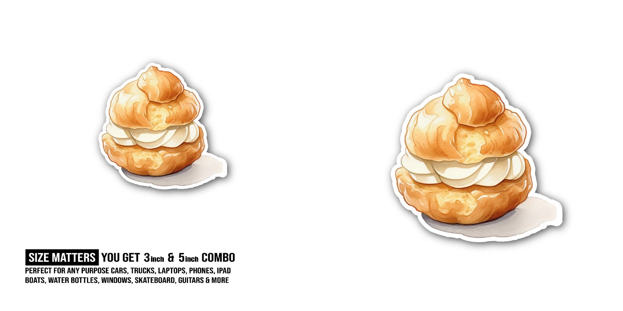 Yummy Cream Puff Dessert Sticker, Waterproof Vinyl Decal Sticker Indoor Or Outdoor 2 (Pieces) 3" and 5"
