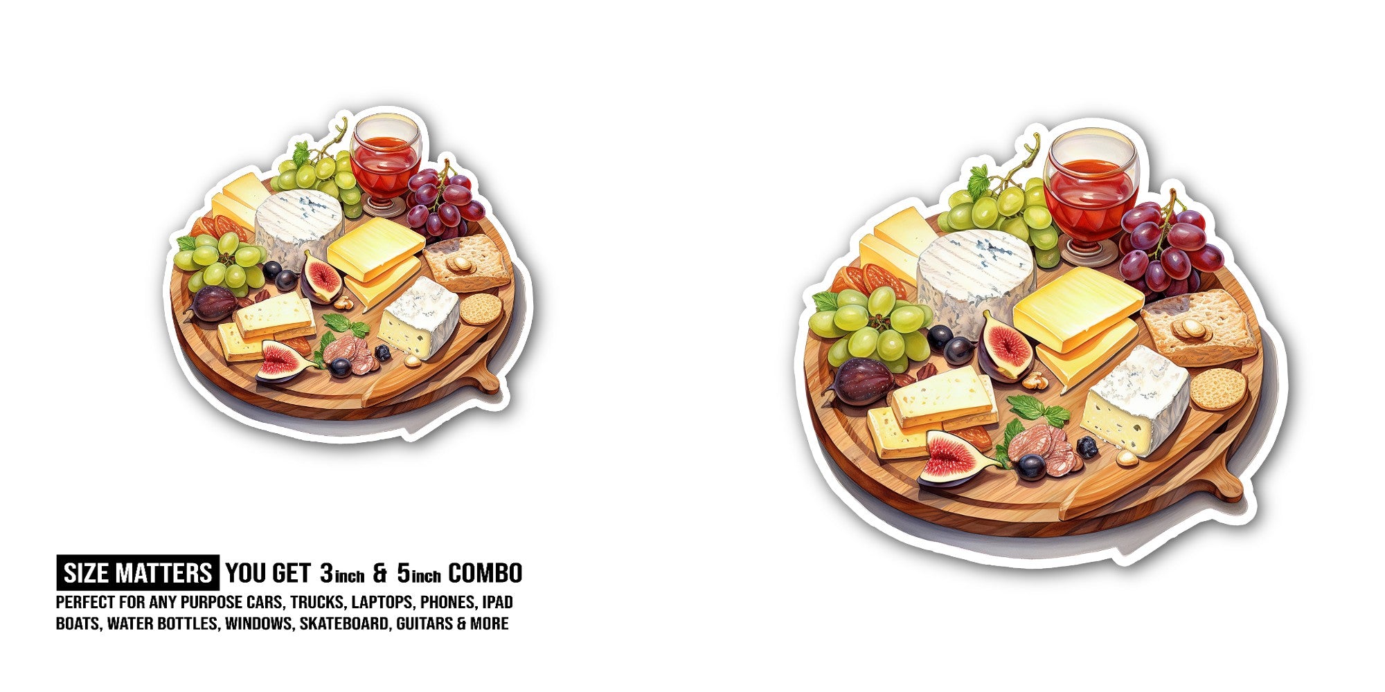 Beautiful Cheese Plate With Grapes Sticker, Waterproof Vinyl Decal Sticker Indoor Or Outdoor 2 (Pieces) 3" and 5"
