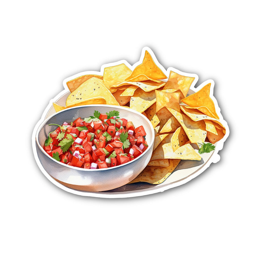 bowl of tomato salsa With Chips Sticker, Waterproof Vinyl Decal Sticker Indoor Or Outdoor 2 (Pieces) 3" and 5"