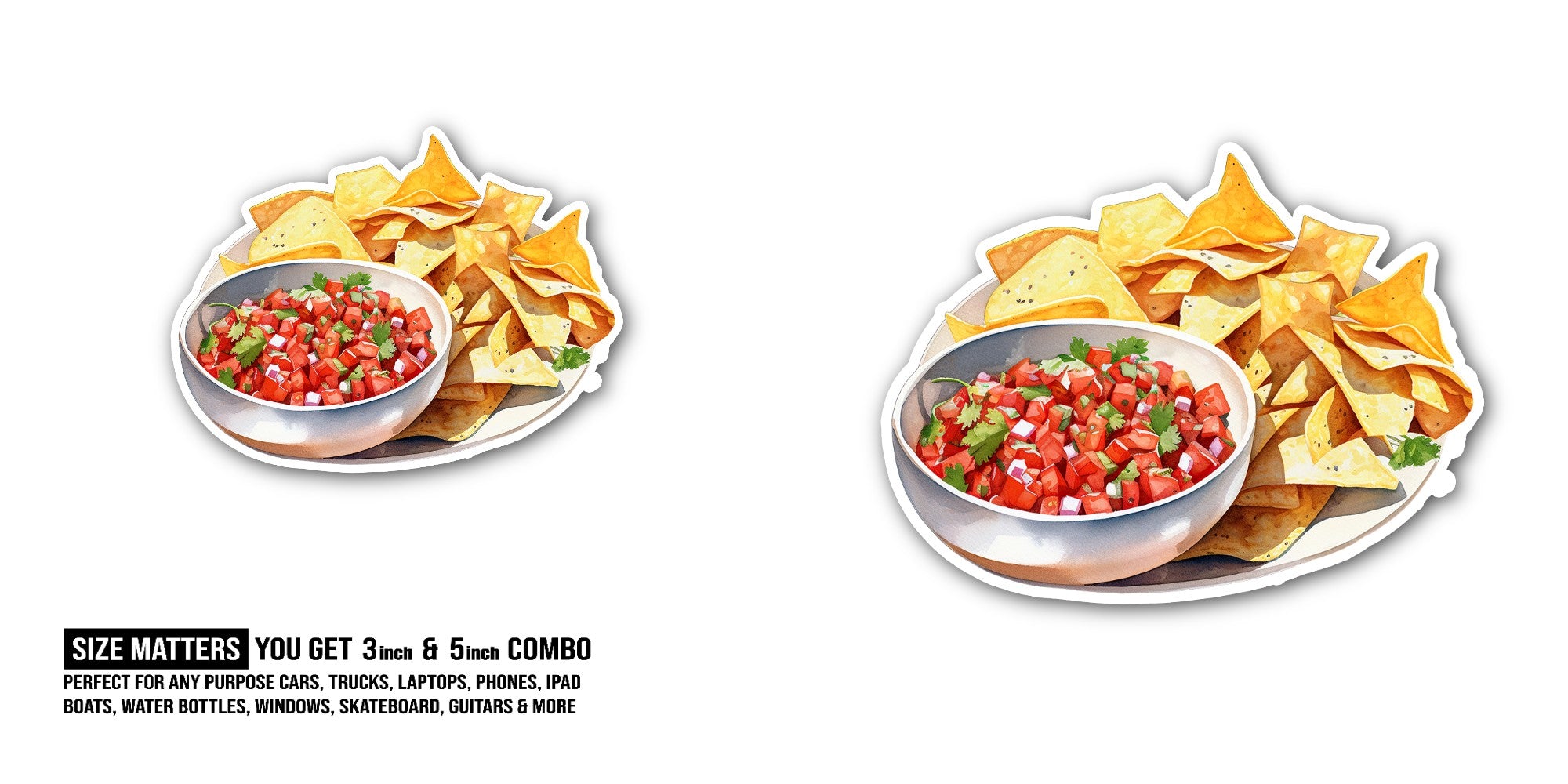 bowl of tomato salsa With Chips Sticker, Waterproof Vinyl Decal Sticker Indoor Or Outdoor 2 (Pieces) 3" and 5"
