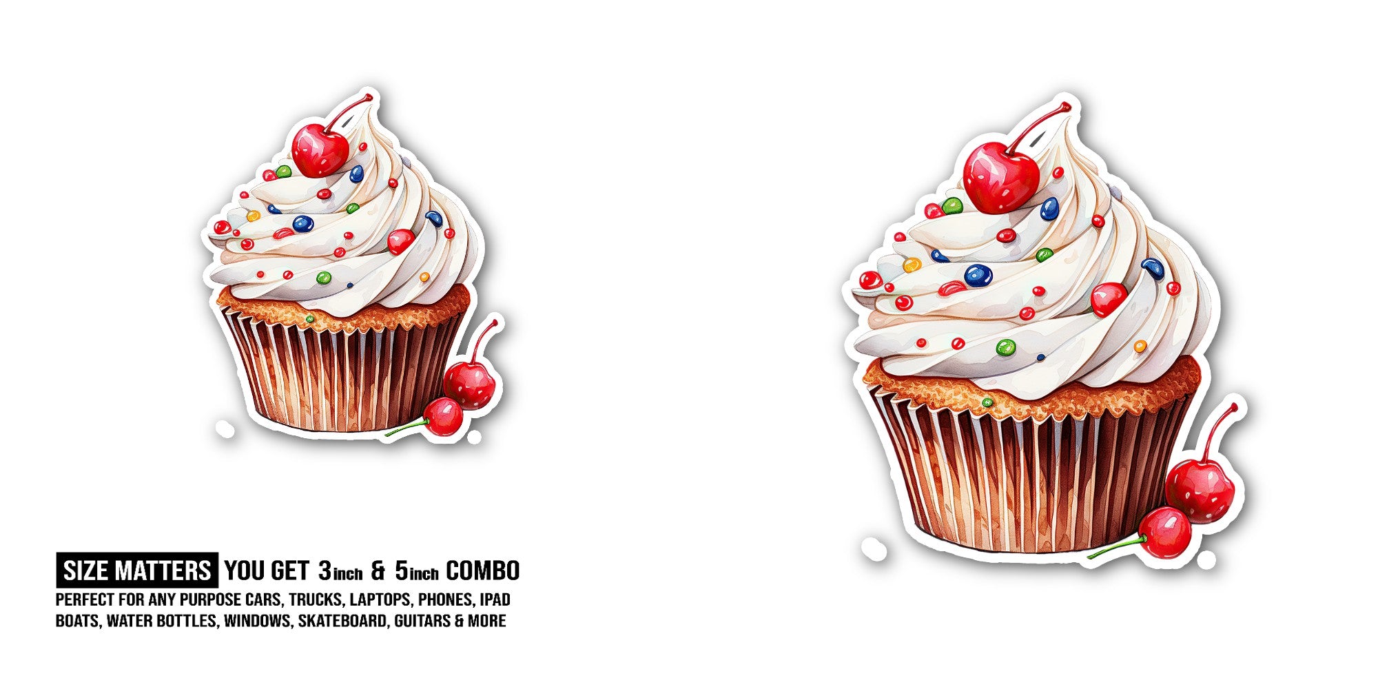 White Cream With Sweet Cupcake Sticker, Waterproof Vinyl Decal Sticker Indoor Or Outdoor 2 (Pieces) 3" and 5"