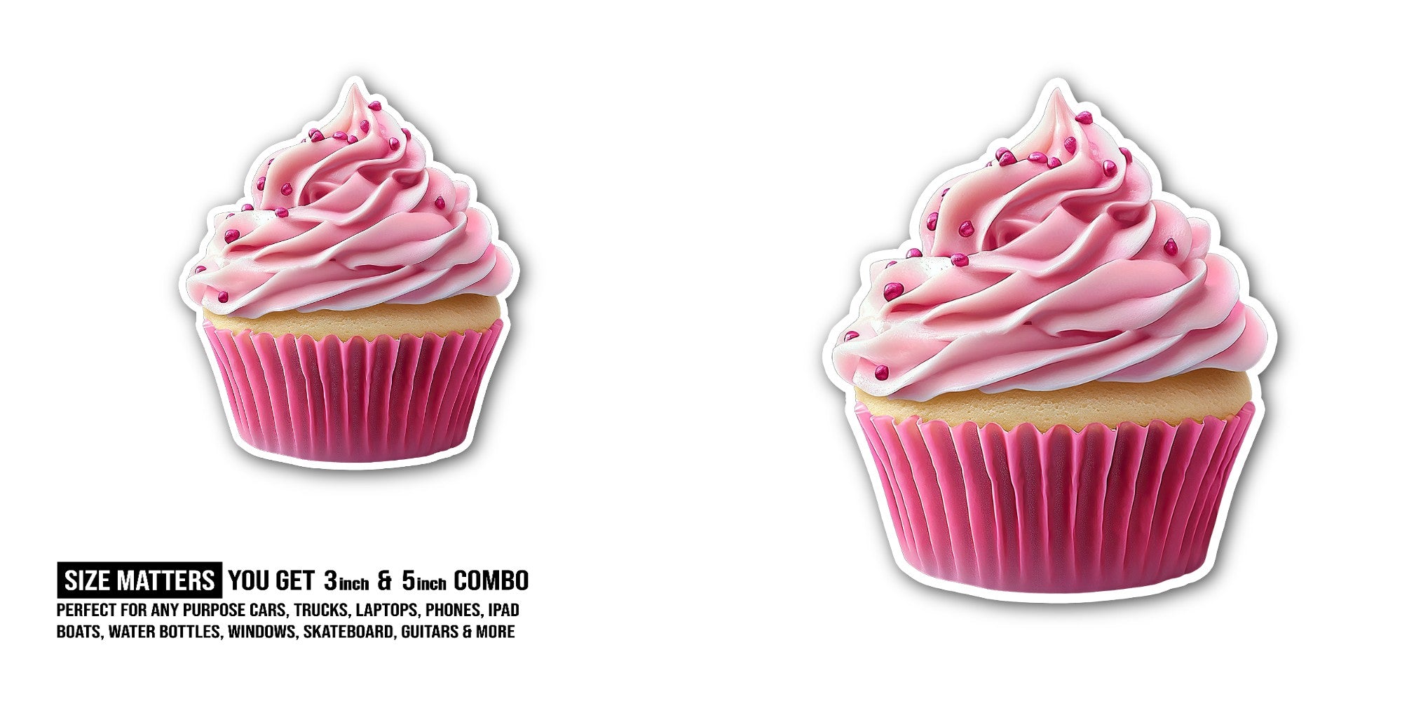 cupcake with Pink frosting Sticker, Waterproof Vinyl Decal Sticker Indoor Or Outdoor 2 (Pieces) 3" and 5"