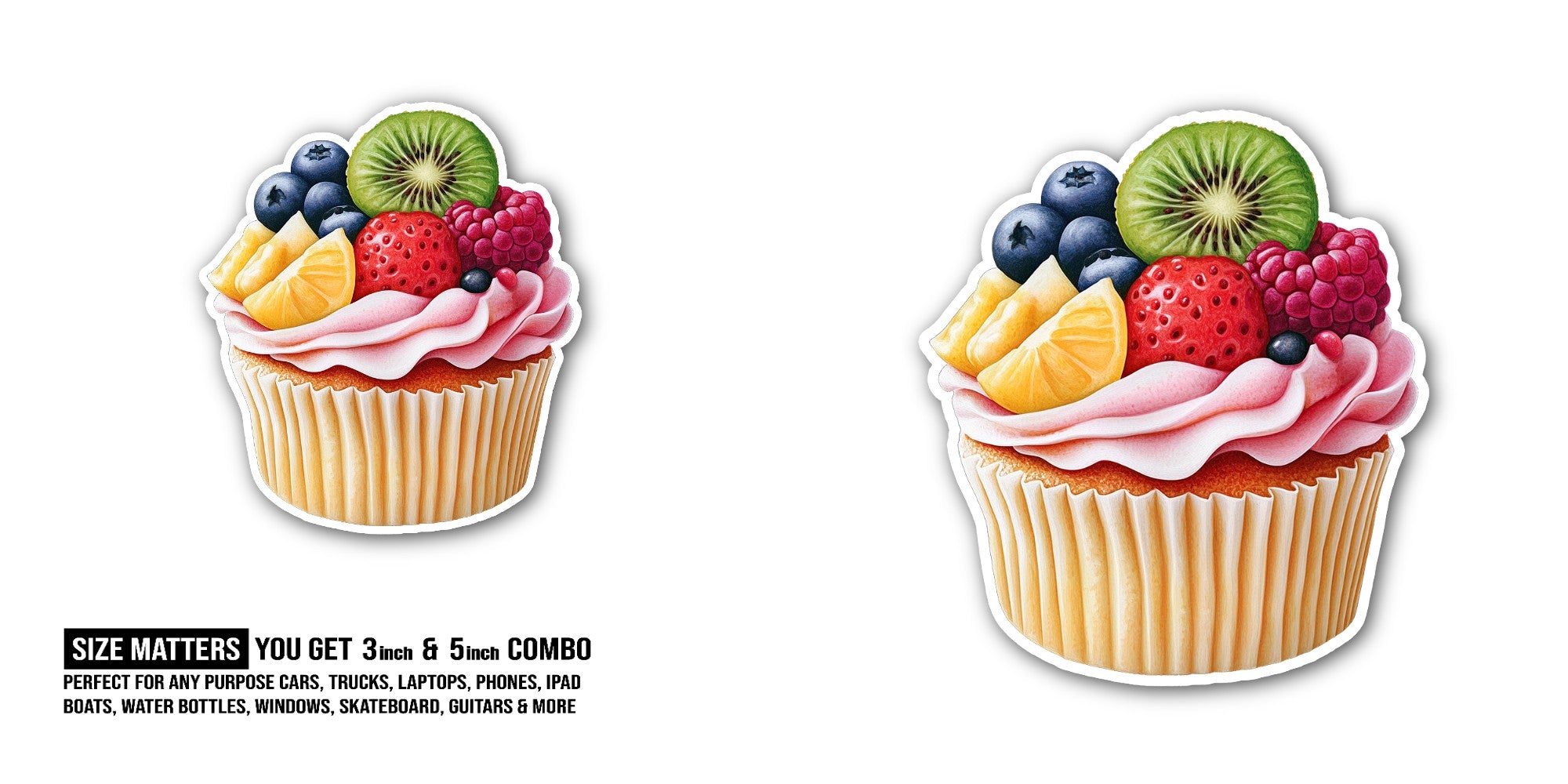 cupcake decorated with fresh fruit Sticker, Waterproof Vinyl Decal Sticker Indoor Or Outdoor 2 (Pieces) 3" and 5"
